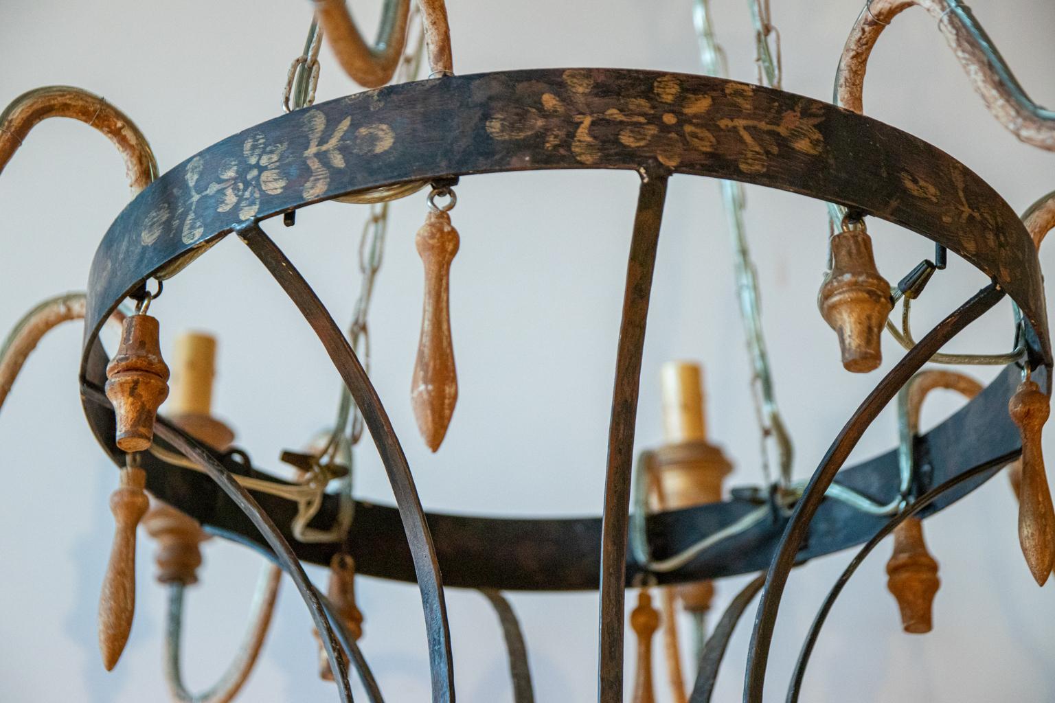 Tole Painted and Wood Chandelier In Good Condition For Sale In Stamford, CT