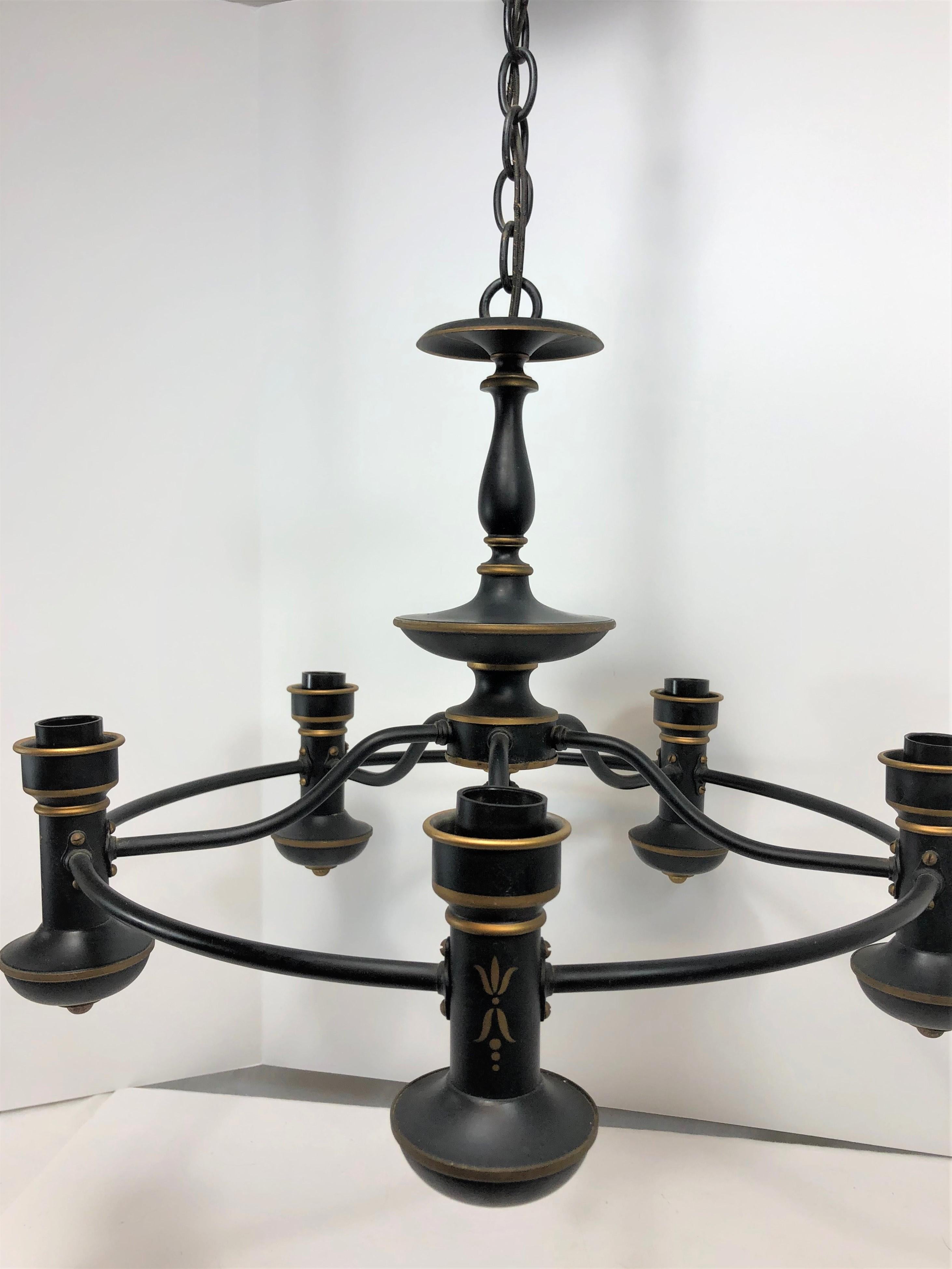 Tole Painted Chandelier in Black and Gold 10