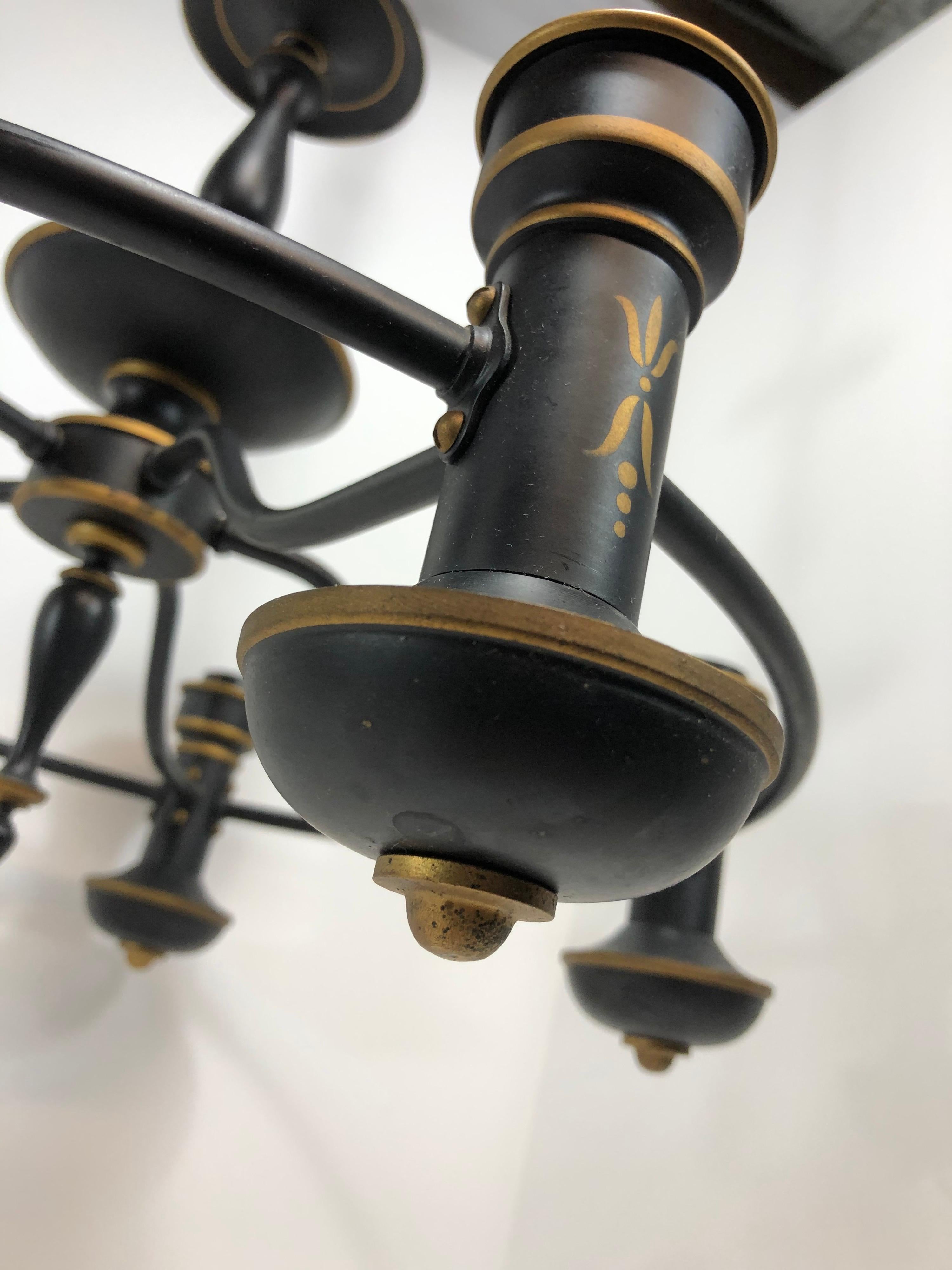 Hollywood Regency Tole Painted Chandelier in Black and Gold