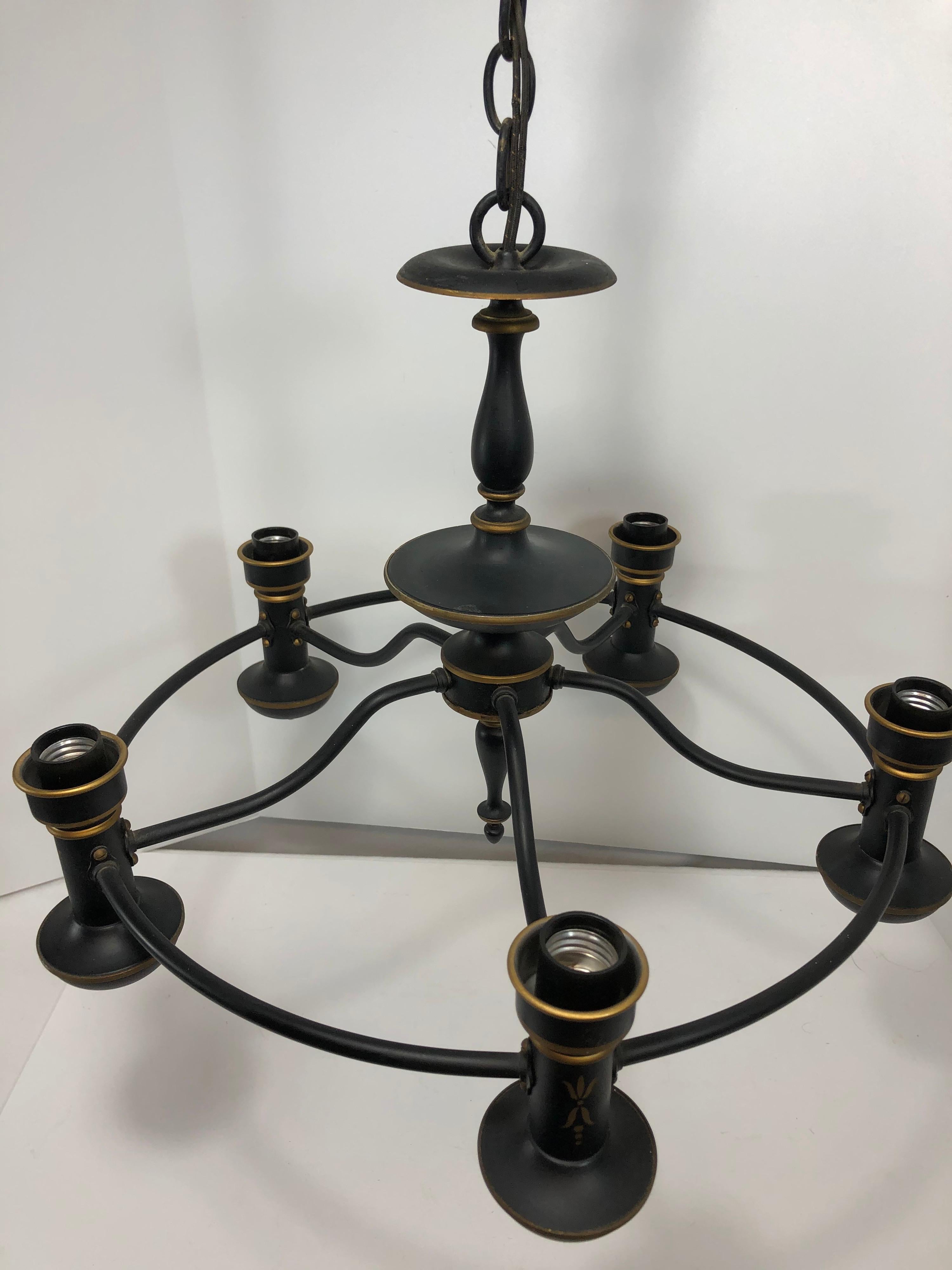Metal Tole Painted Chandelier in Black and Gold