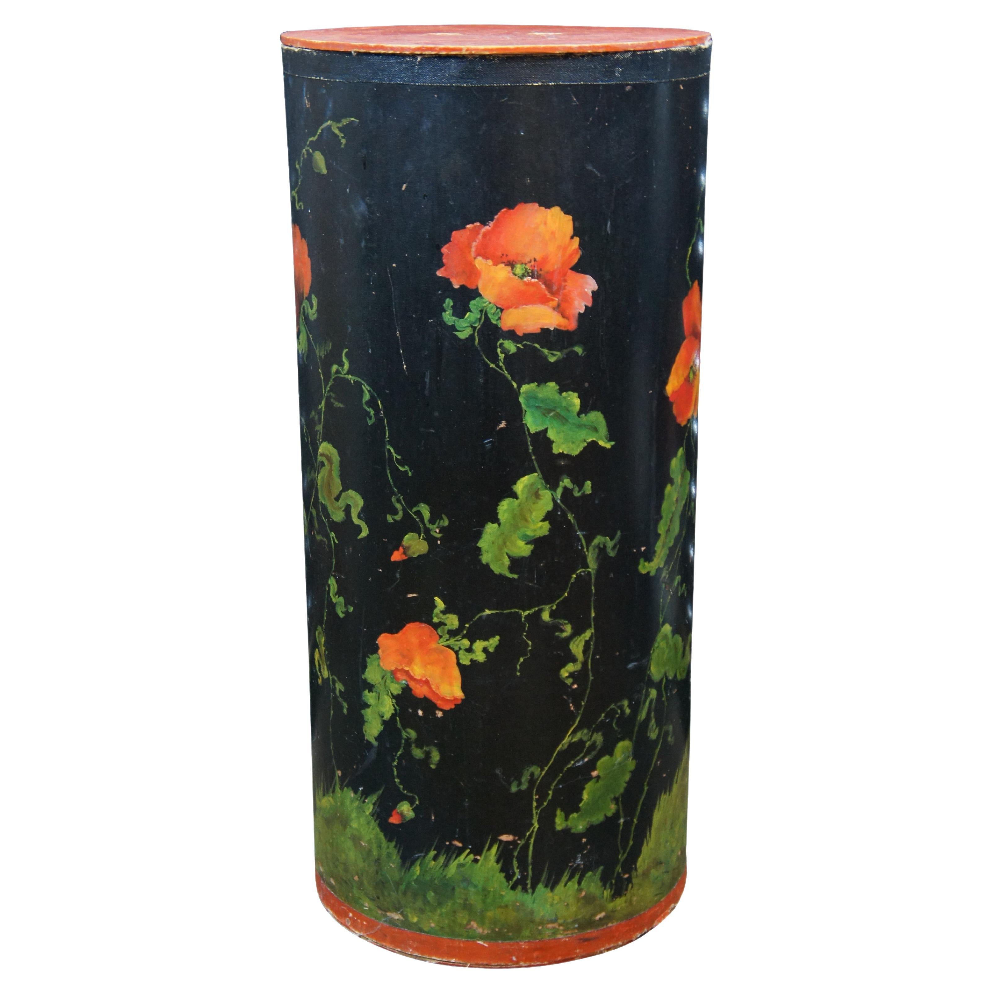 Tole Painted Paper Mache Cane Umbrella Stand Clothes Hamper Poppies 29"