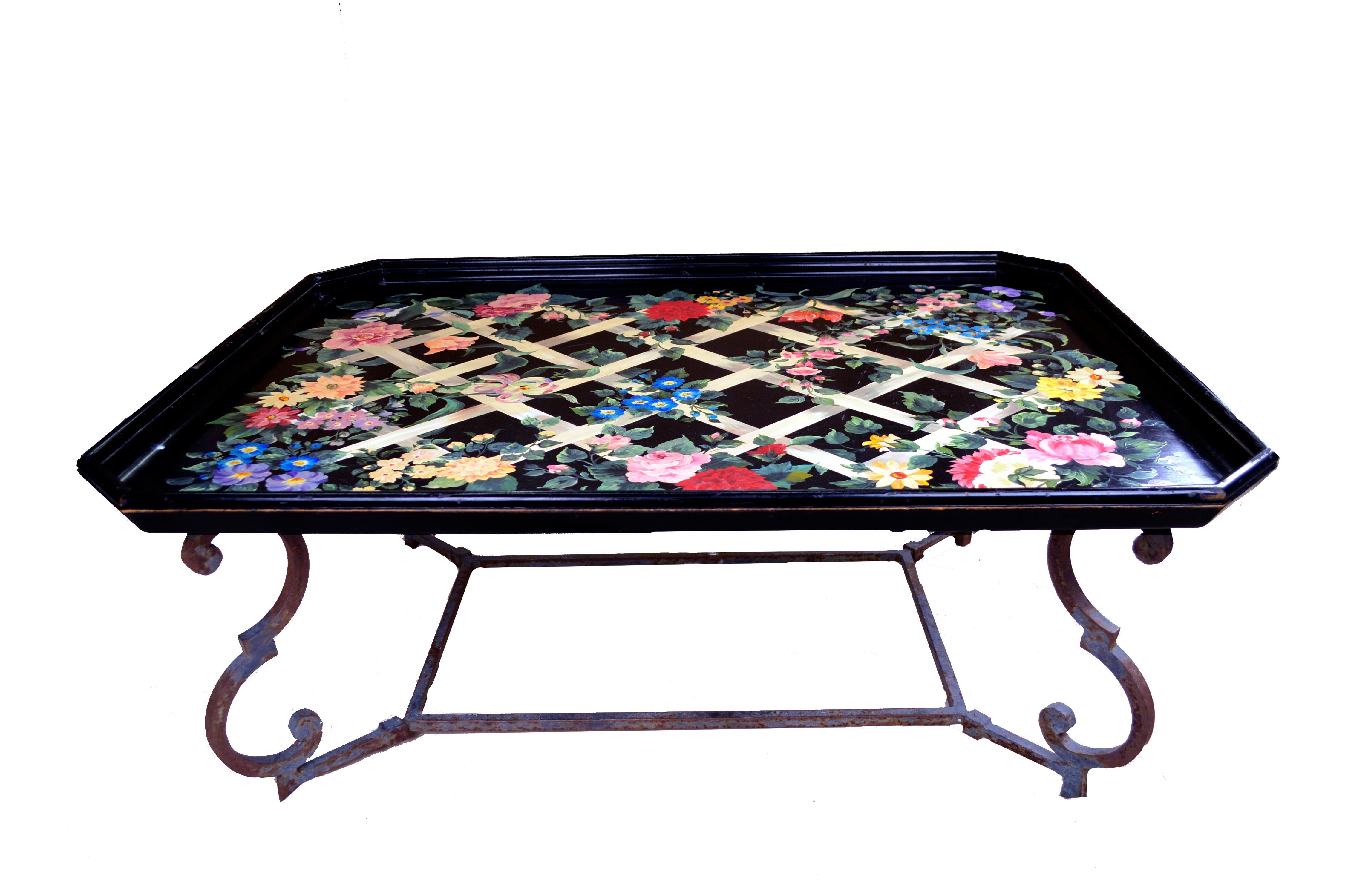 A wonderful oversized Italian Tray, Tole painted in a lattice and floral design by San Pedro artist Sharon (Shari) Tipich.
 Shari Tipich a self-taught artist began Trompe-l'œil  and Faux Finish wall painting and mural art in the 1980s and also
