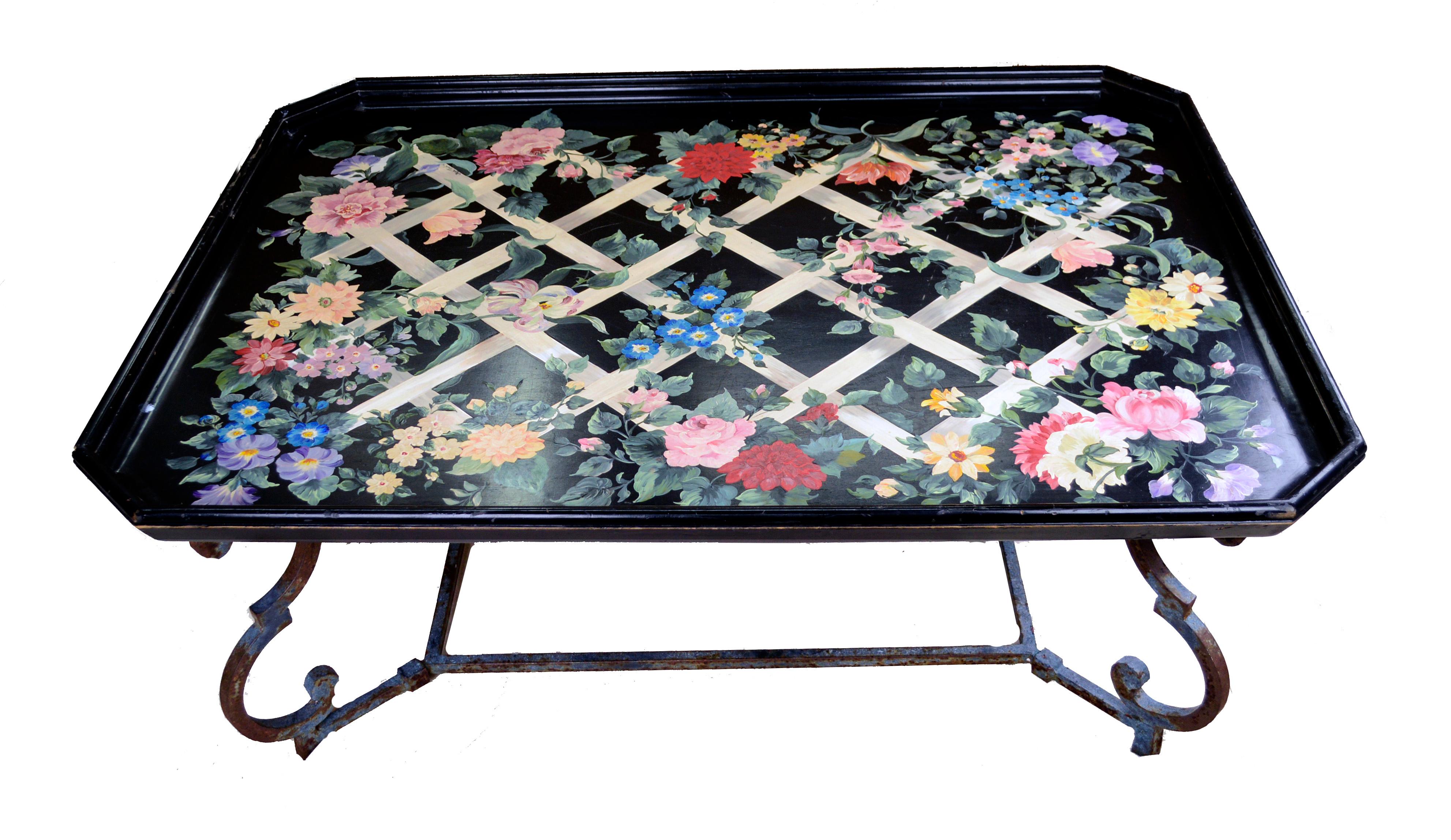 Renaissance Tole Painting Lattice Work design Large Tray Table Painted by Shari Tipich For Sale
