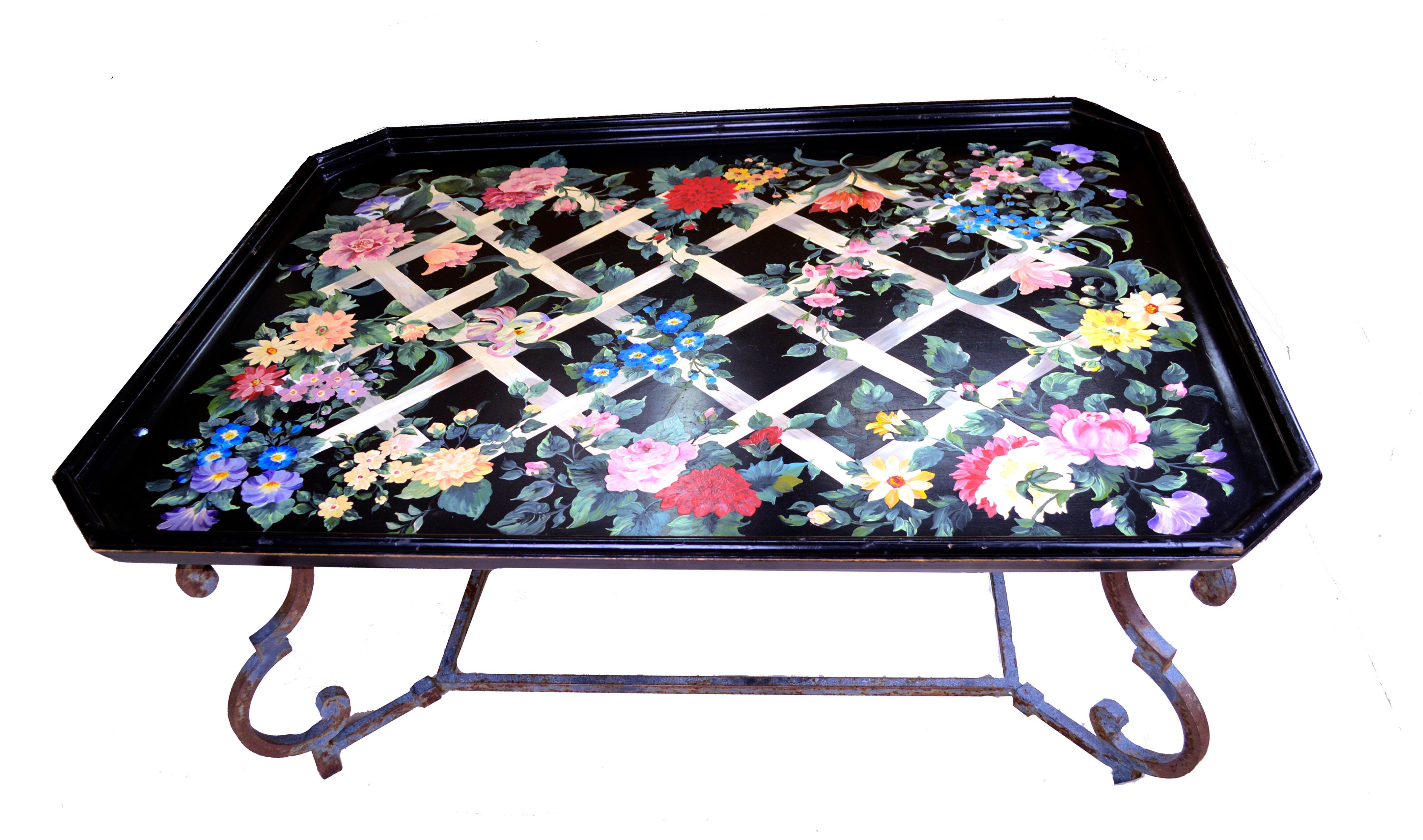 Late 20th Century Tole Painting Lattice Work design Large Tray Table Painted by Shari Tipich For Sale