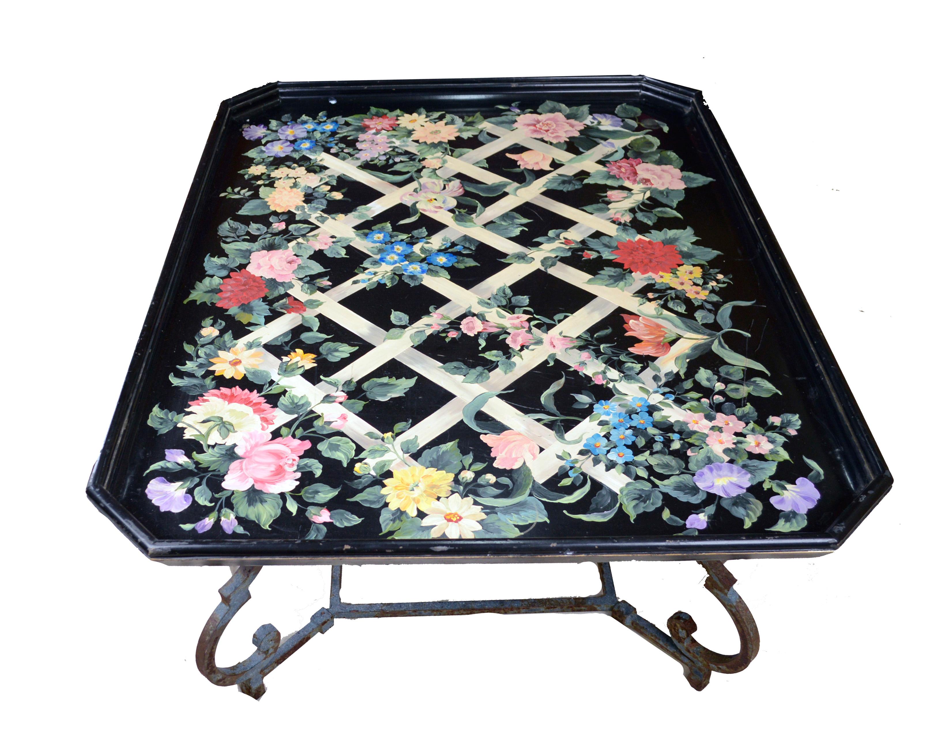 Wrought Iron Tole Painting Lattice Work design Large Tray Table Painted by Shari Tipich For Sale