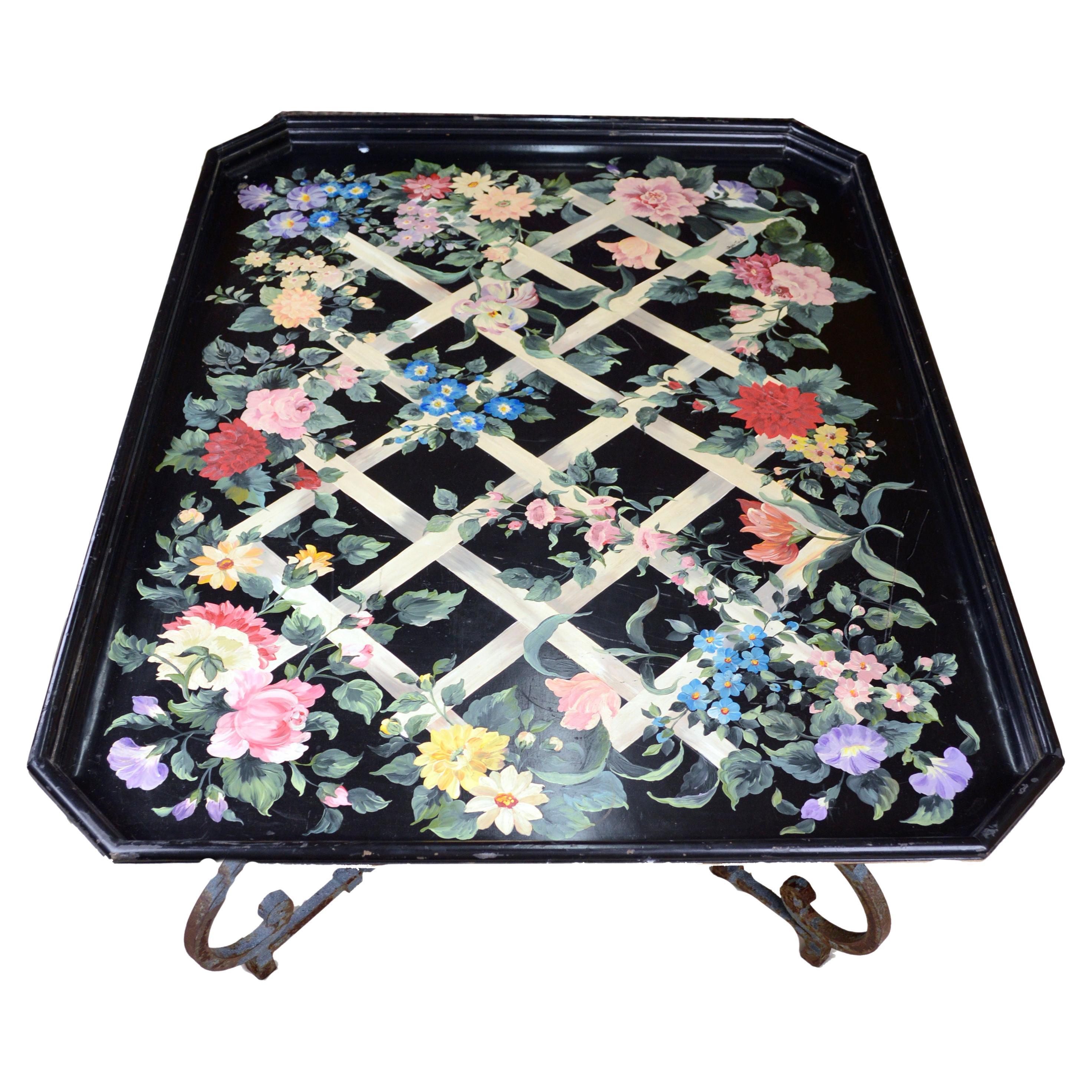 Tole Painting Lattice Work design Large Tray Table Painted by Shari Tipich For Sale