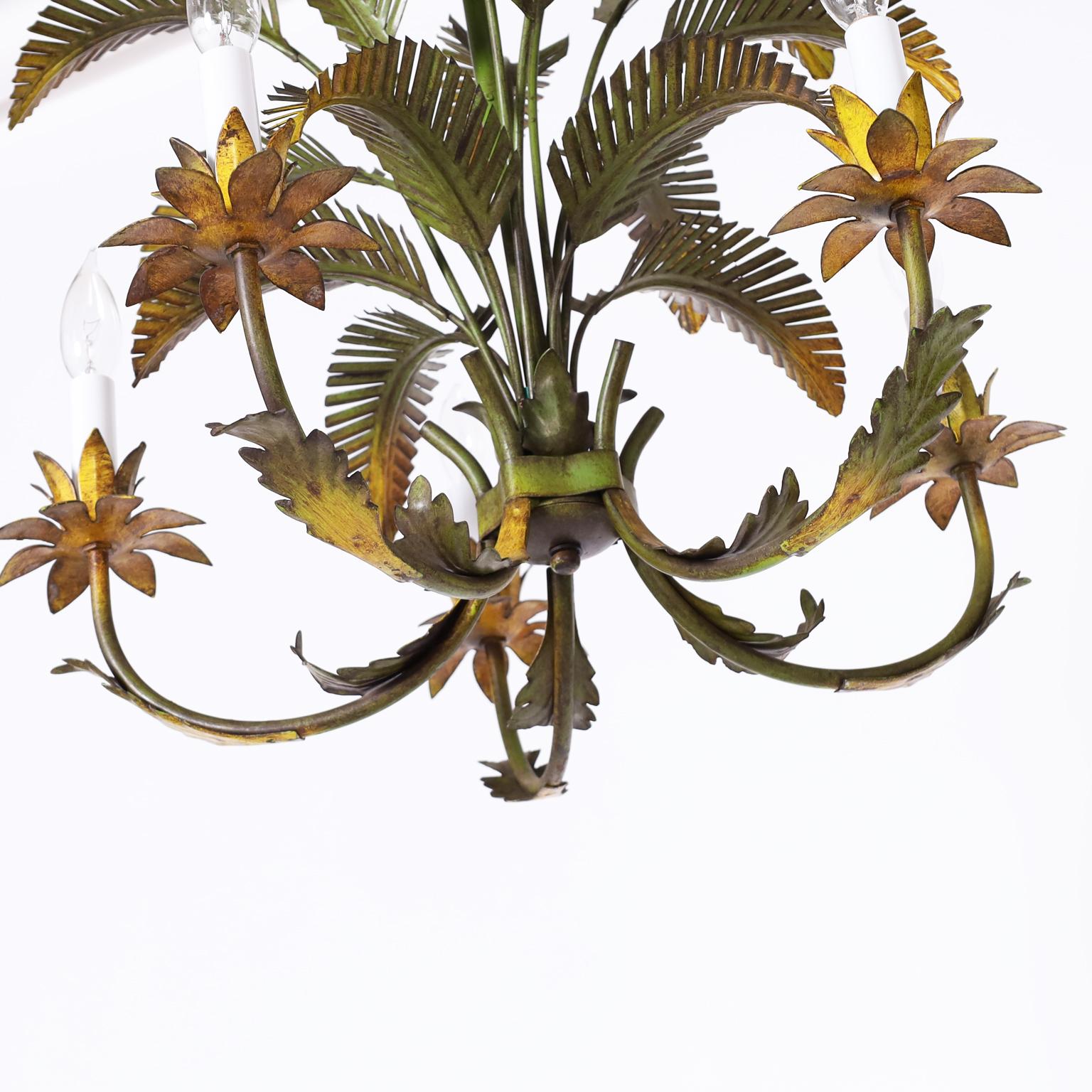 British Colonial Tole Palm Tree Chandelier  For Sale