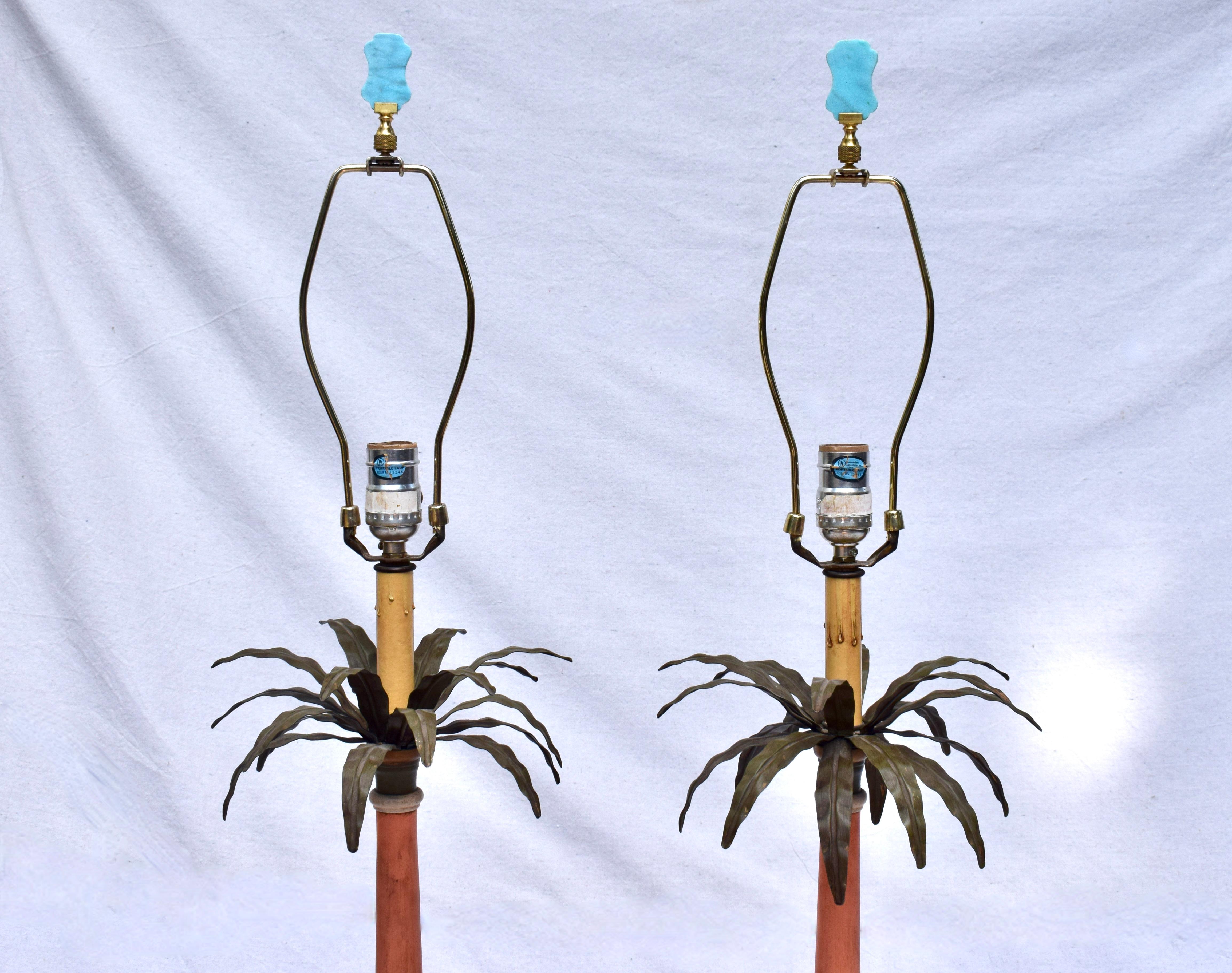20th Century Tole Palm Tree Table Lamps Hollywood Regency For Sale