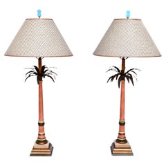 Antique Tole Palm Tree Table Lamps Hollywood Regency