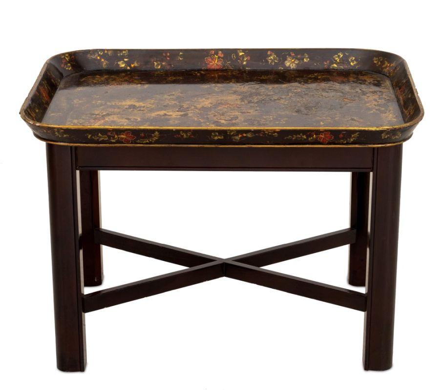 Tole Peinte Floral Motif Tray Table, with gilt floral decoration. 20.5