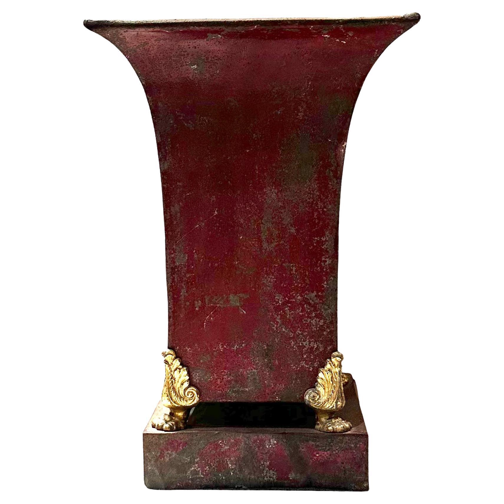 Tole Red Urn With Bronze For Sale