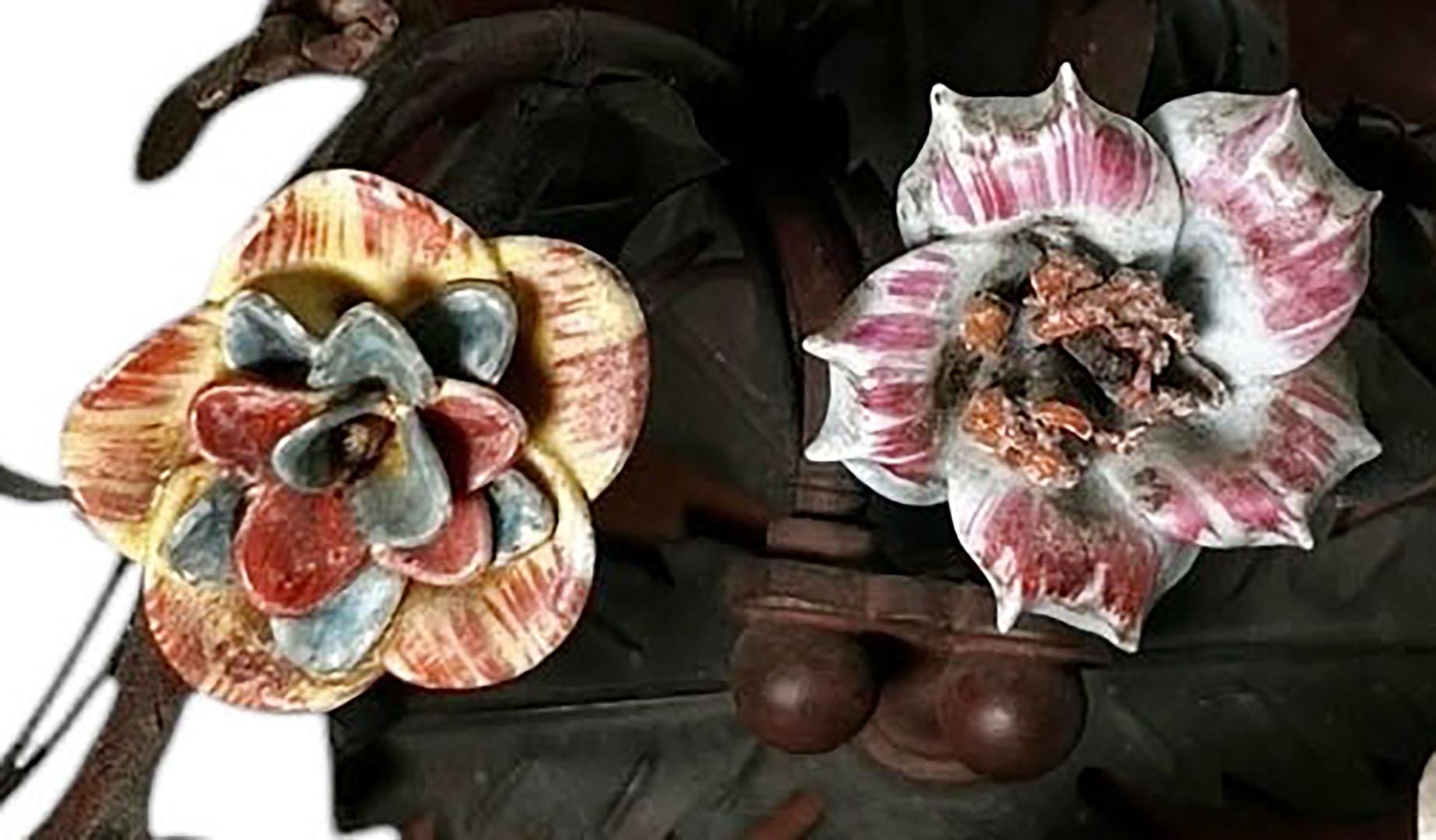 European Tole Sconces With Porcelain Flowers For Sale