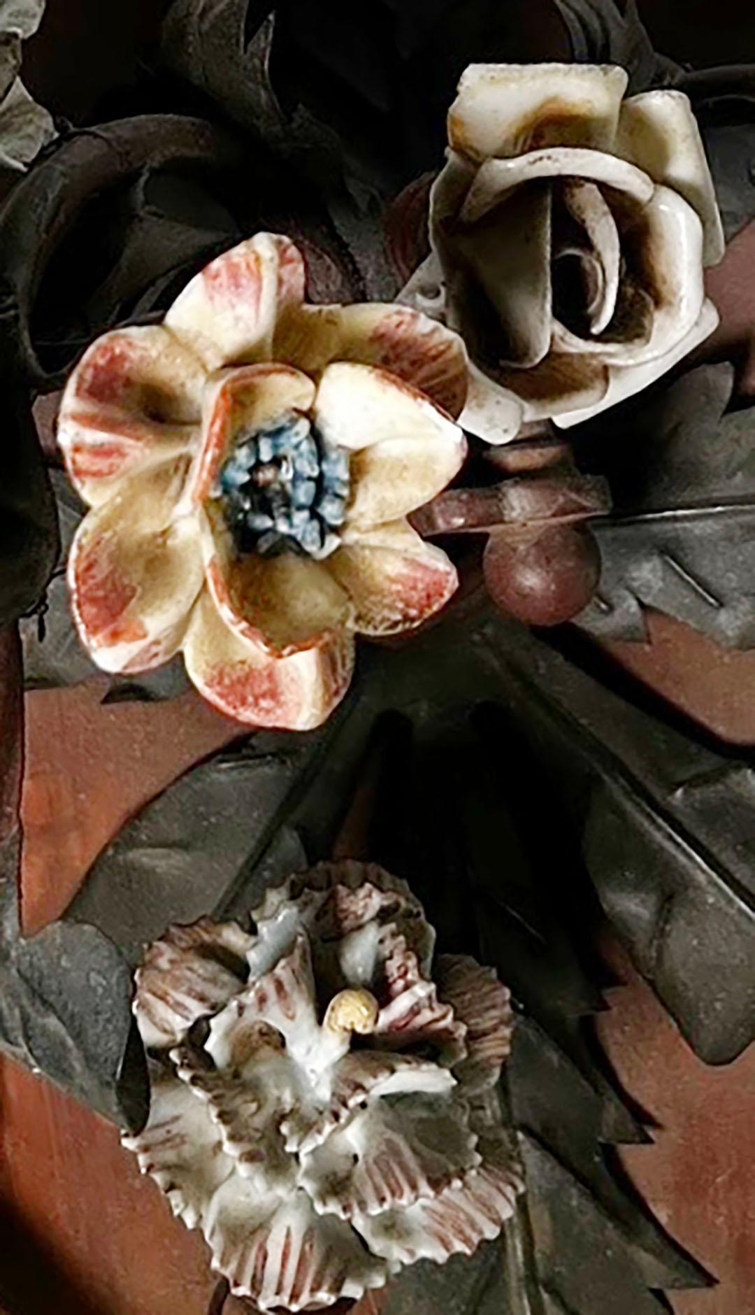 Mid-19th Century Tole Sconces With Porcelain Flowers For Sale