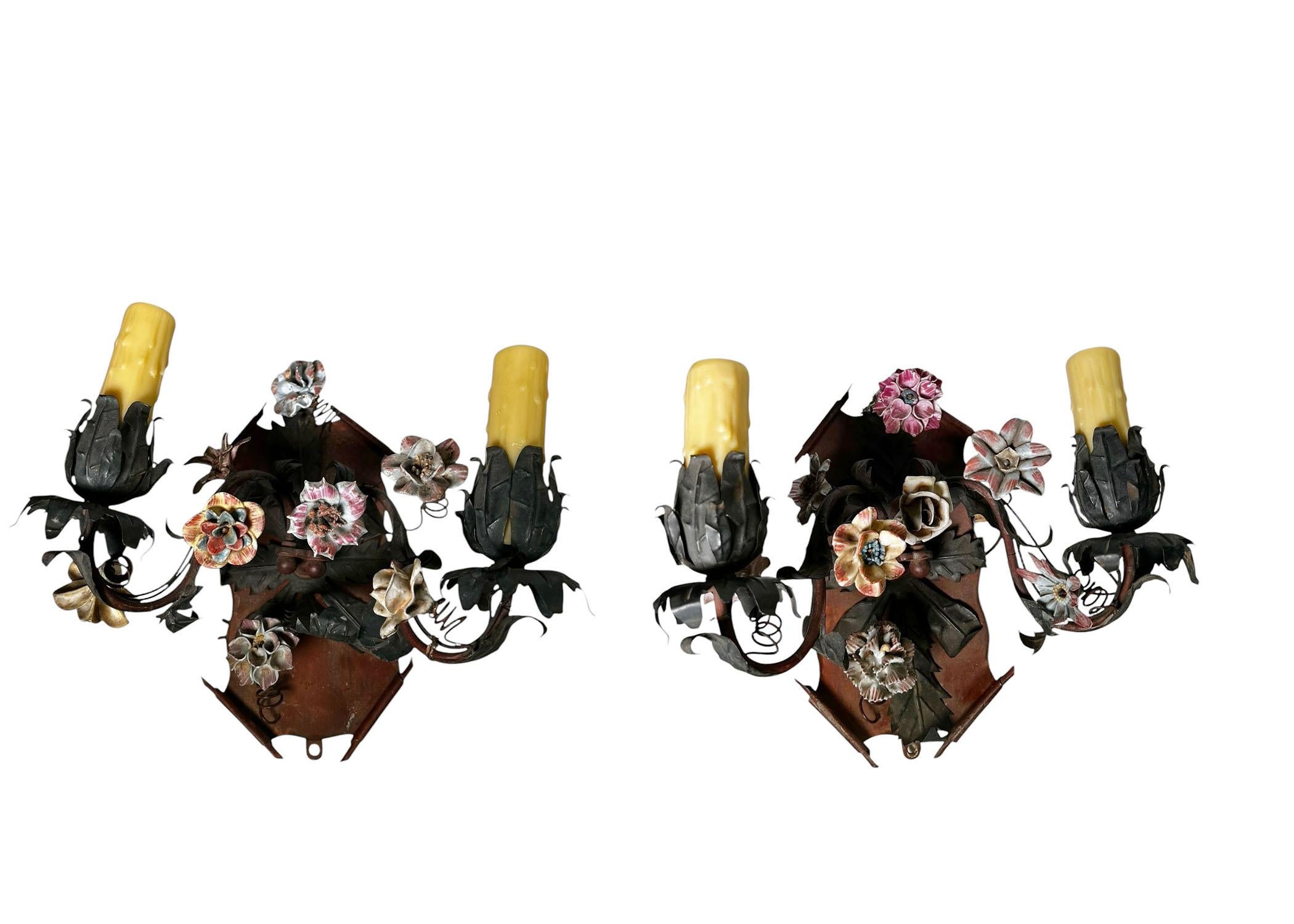 Metal Tole Sconces With Porcelain Flowers For Sale