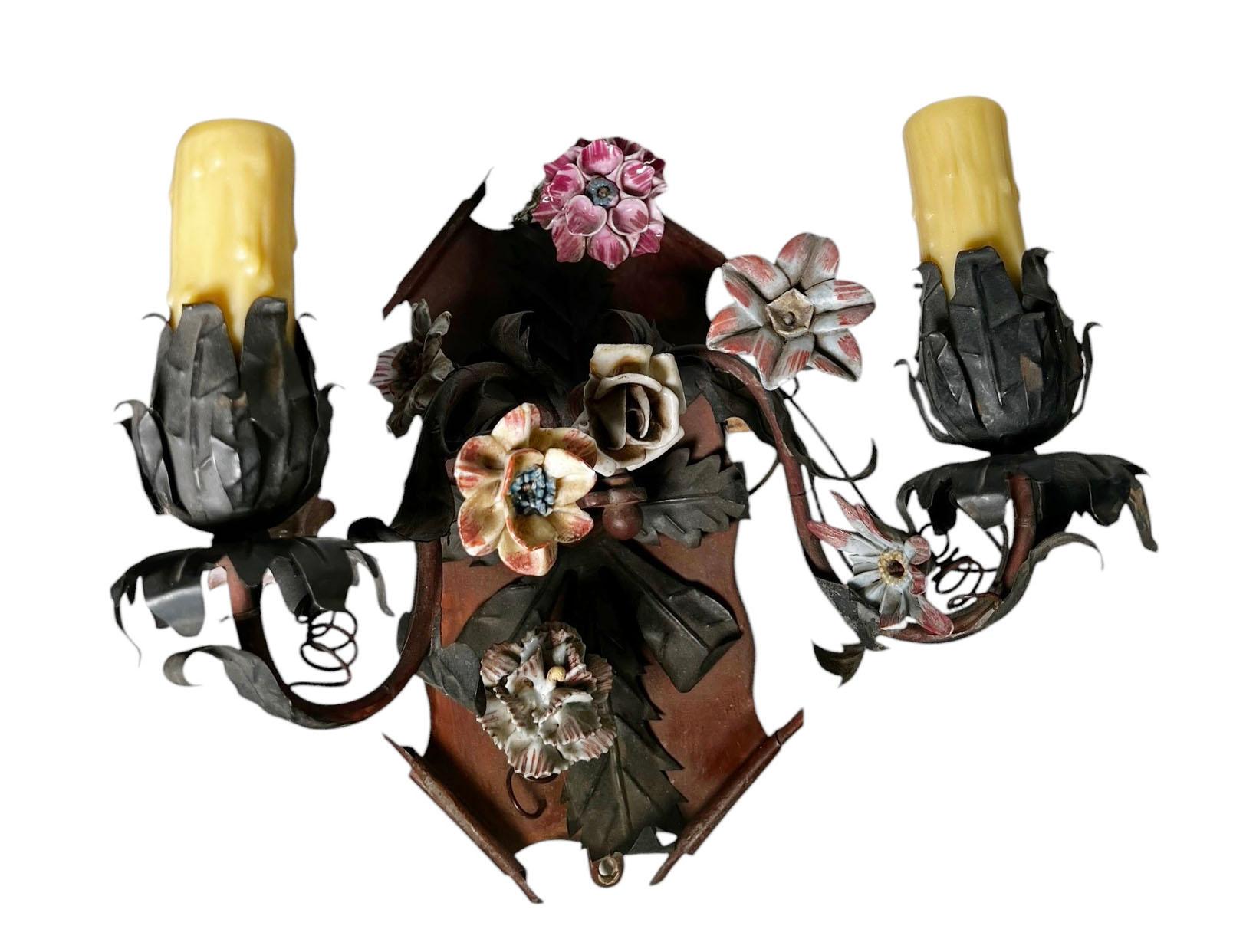 Tole Sconces With Porcelain Flowers For Sale 1