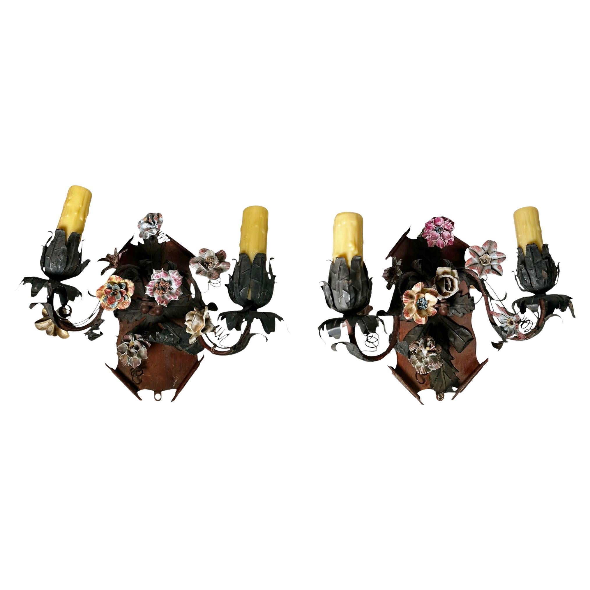 Tole Sconces With Porcelain Flowers For Sale