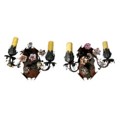 Tole Sconces With Porcelain Flowers