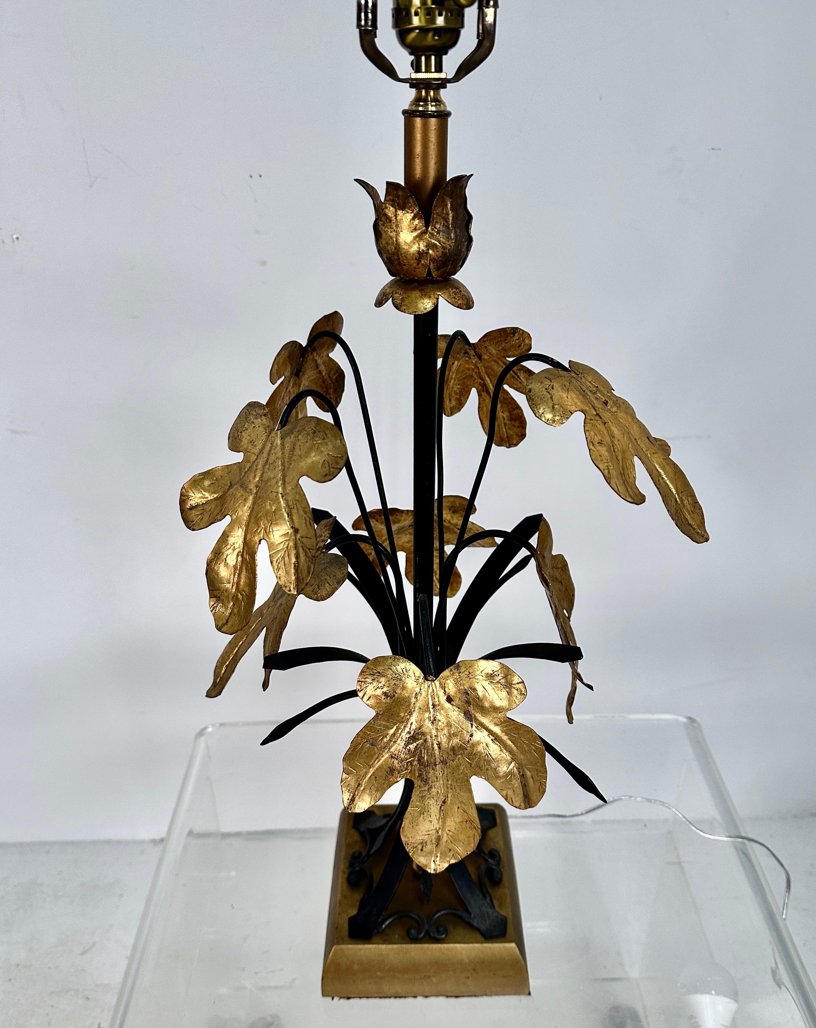 Italian Tole table Lamp w/ Gilt Oak Leaf Decoration, Italy c 1950s For Sale