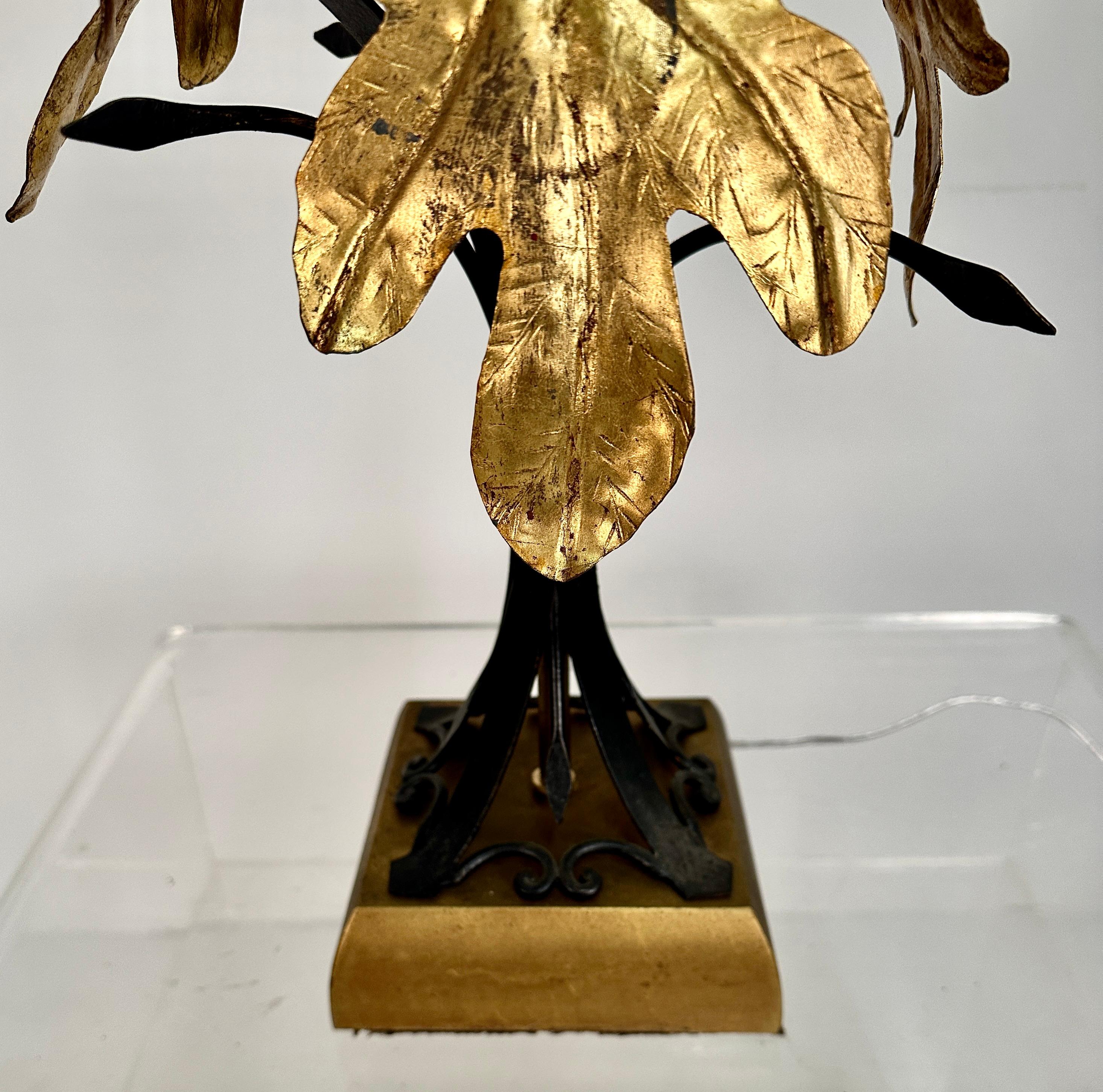 Metal Tole table Lamp w/ Gilt Oak Leaf Decoration, Italy c 1950s For Sale