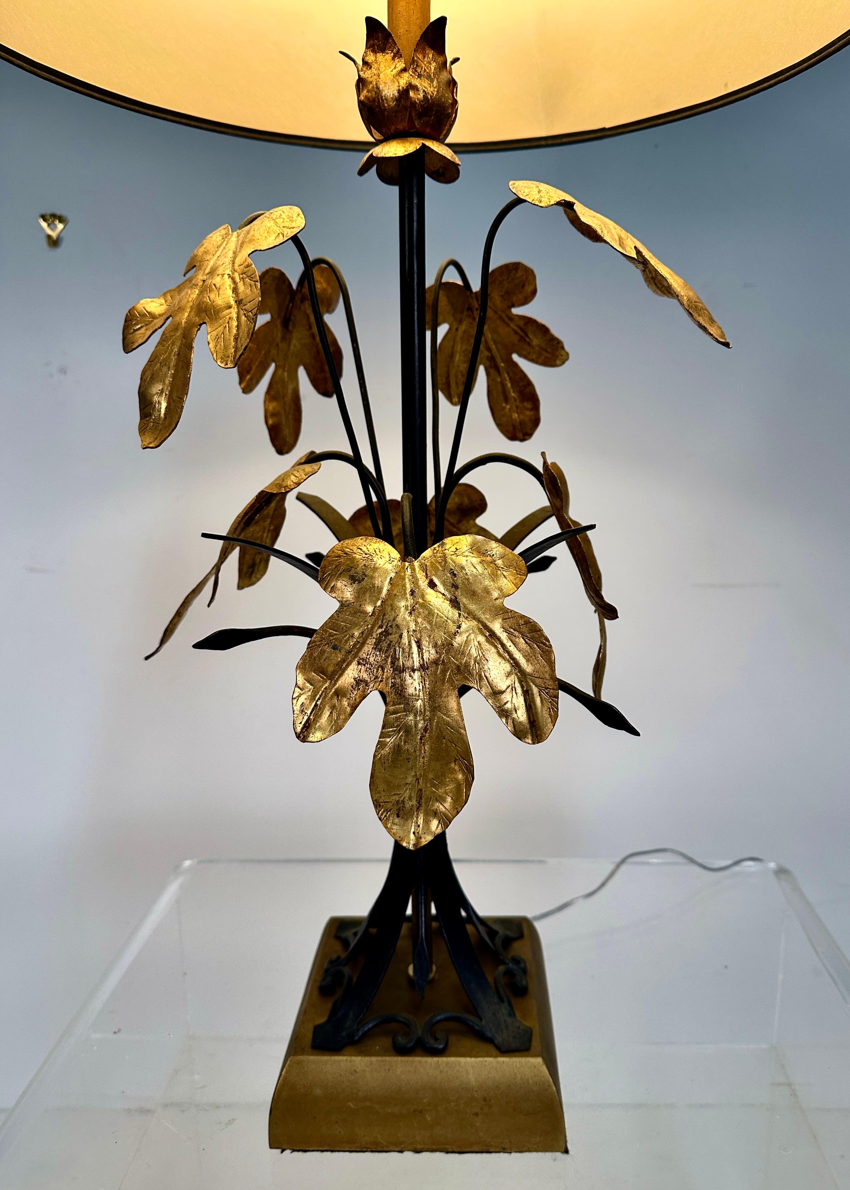 Tole table Lamp w/ Gilt Oak Leaf Decoration, Italy c 1950s For Sale 1