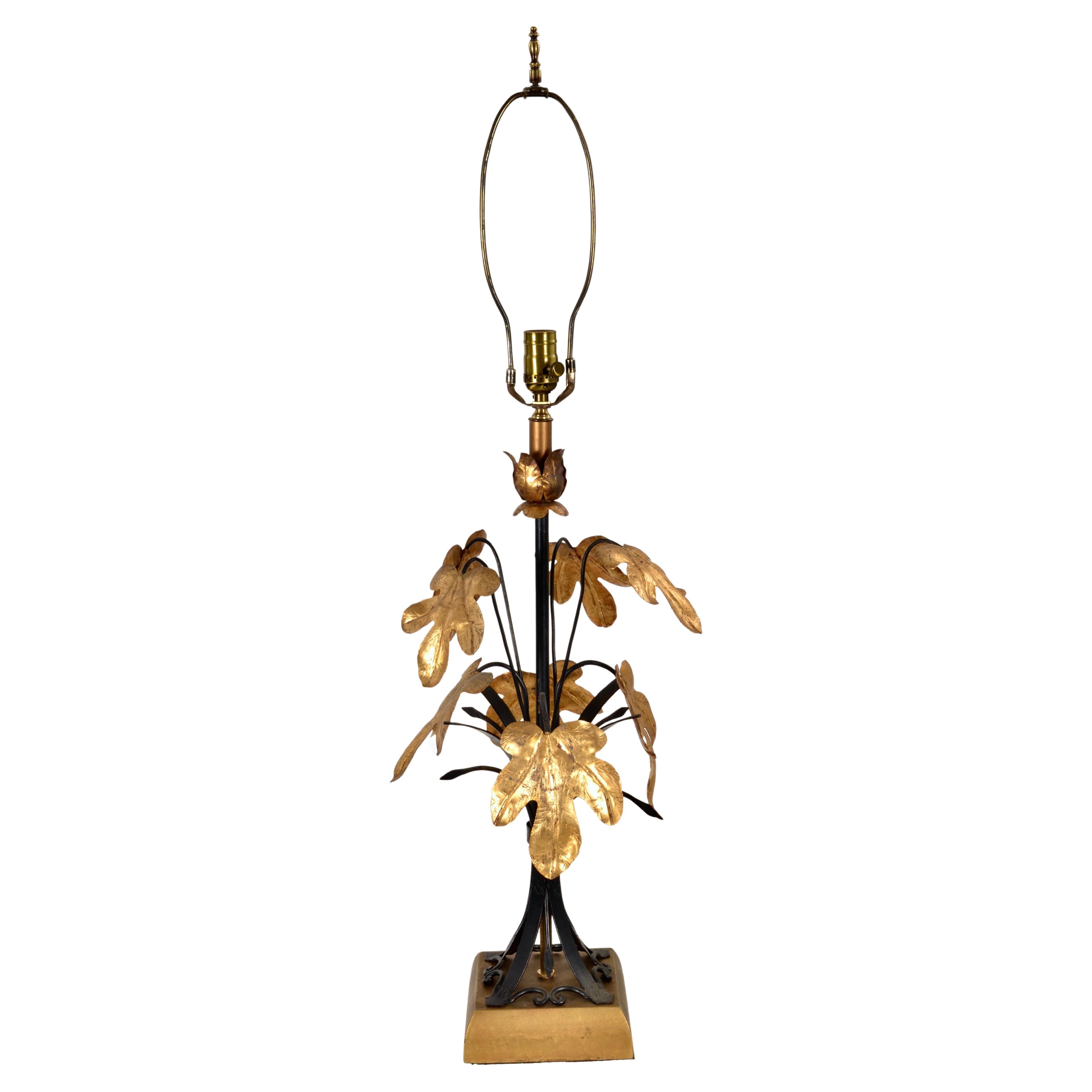 Tole table Lamp w/ Gilt Oak Leaf Decoration, Italy c 1950s