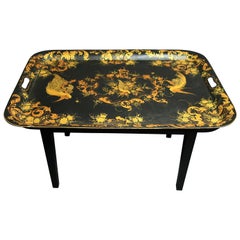 Tole Tray Coffee Table in Gold and Black with Bird Decoration