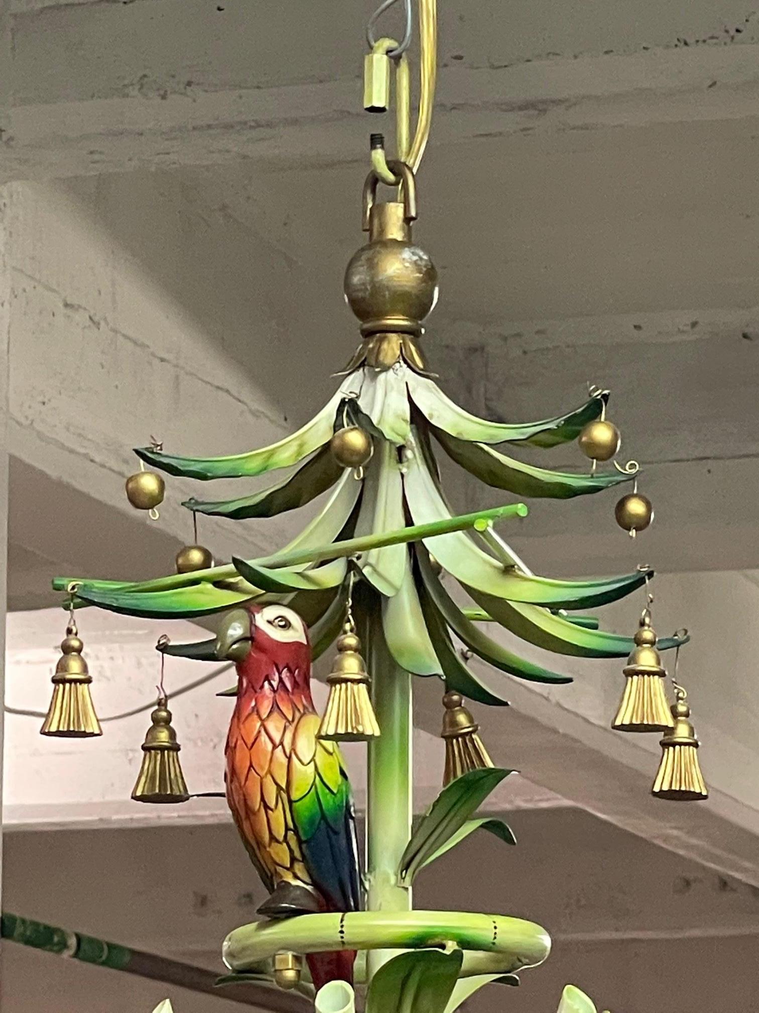 Hollywood Regency Tole Tropical Painted Parrot Chandelier For Sale