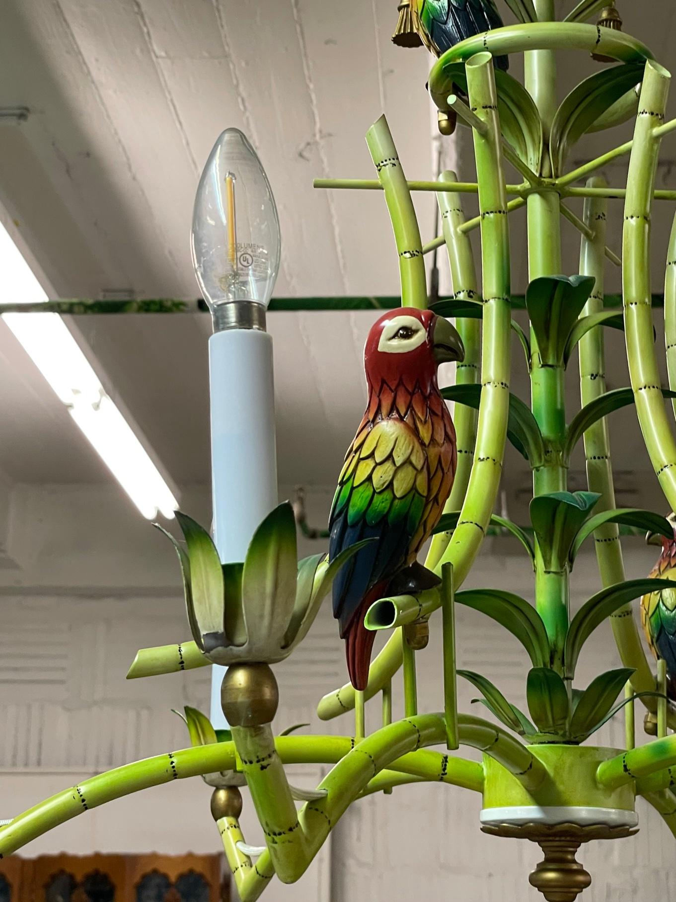 Tole Tropical Painted Parrot Chandelier In Good Condition For Sale In Jacksonville, FL