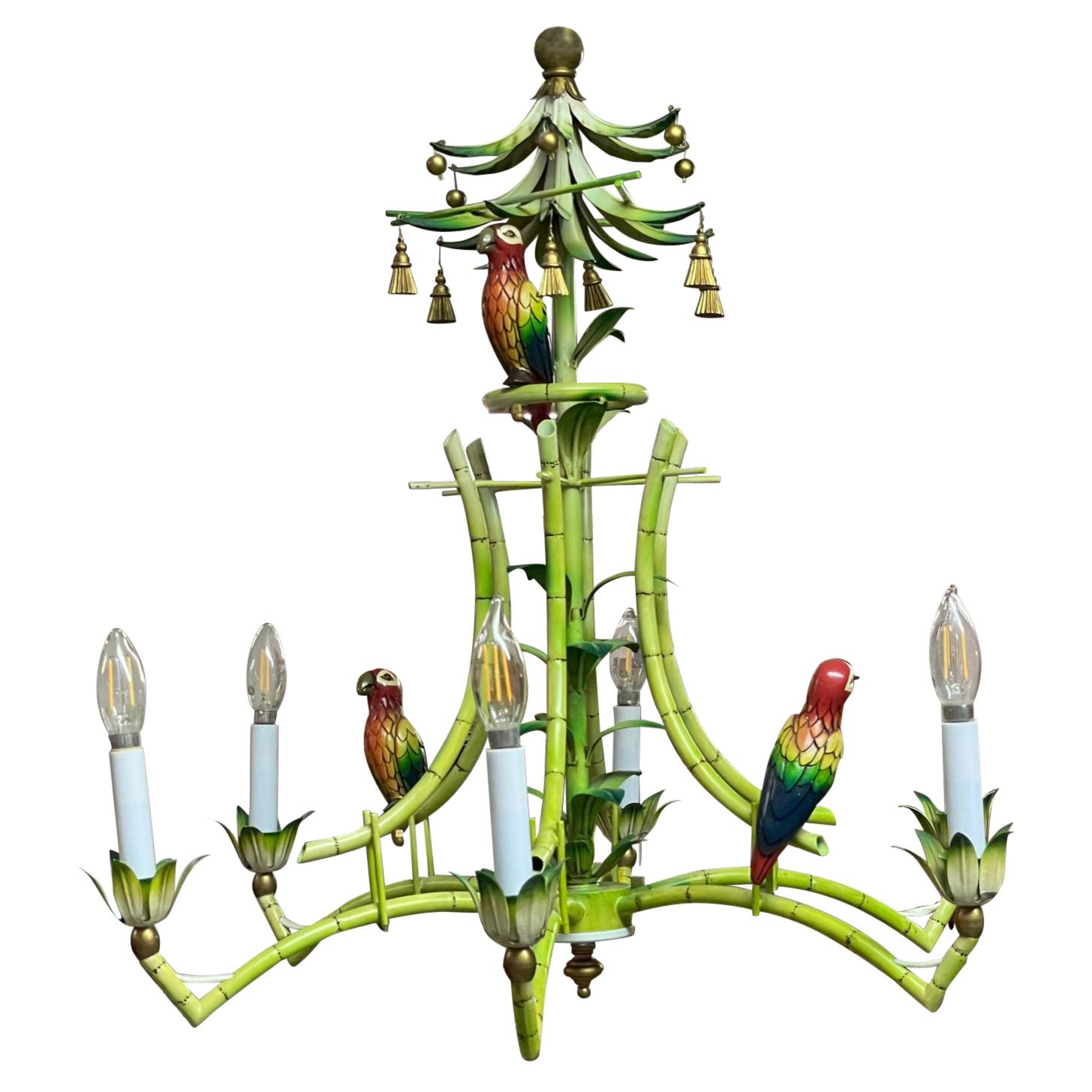 Tole Tropical Painted Parrot Chandelier For Sale