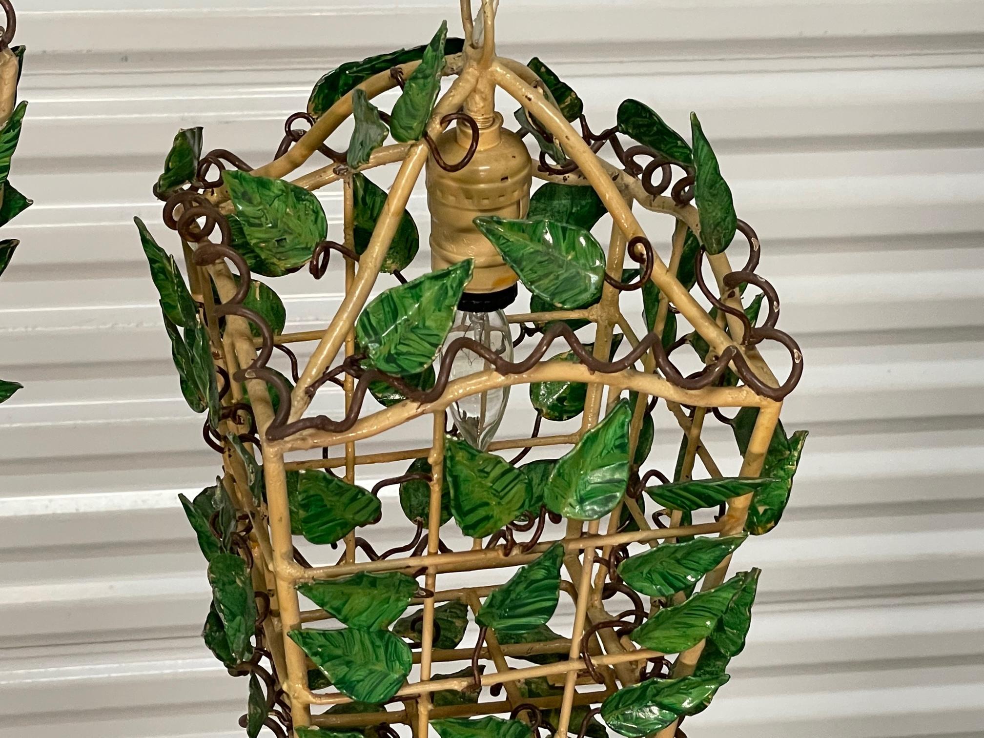 Tole Vine and Leaf Lantern Hanging Pendant Lamps, A Pair In Good Condition In Jacksonville, FL