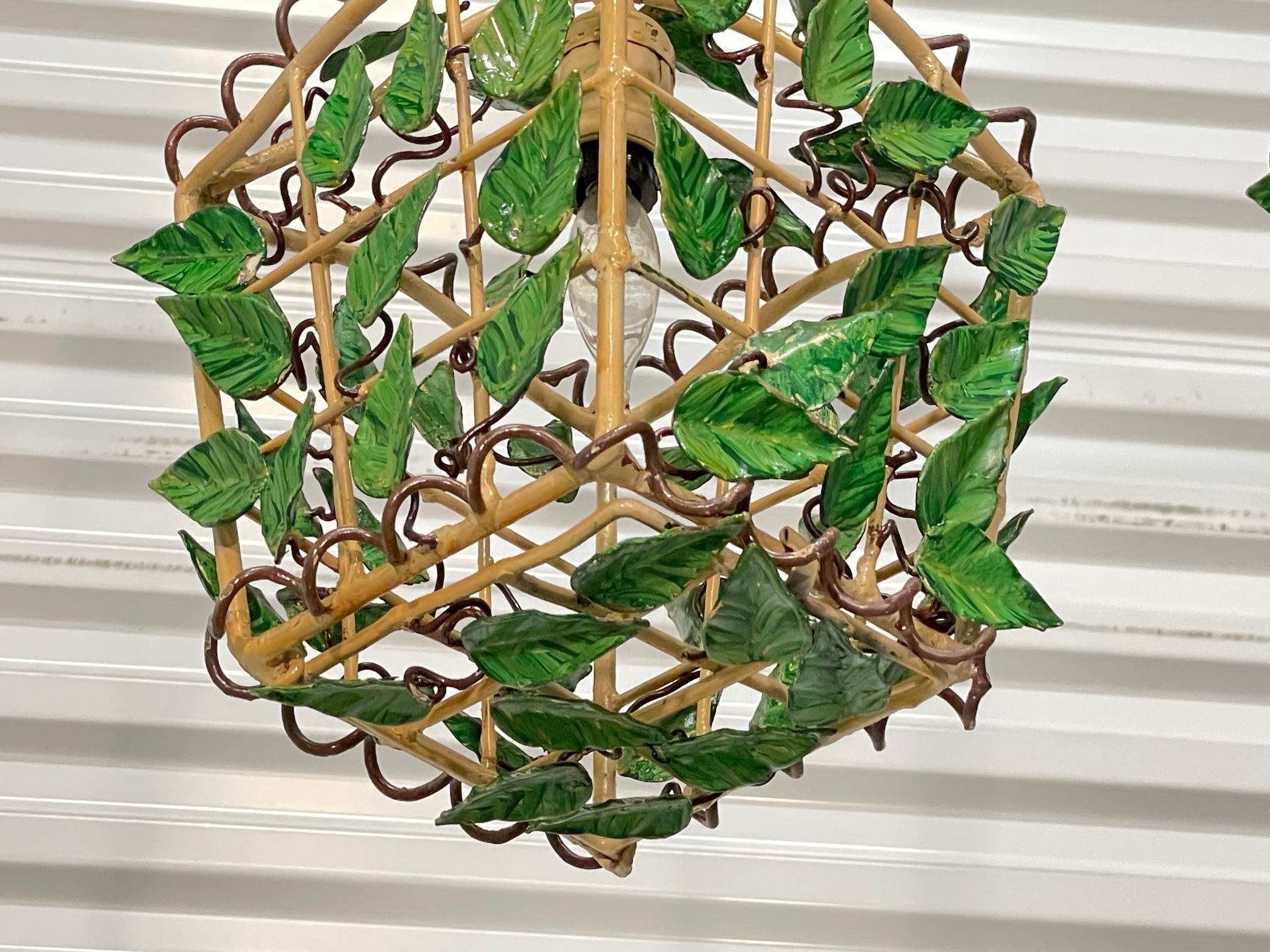 Metal Tole Vine and Leaf Lantern Hanging Pendant Lamps, A Pair