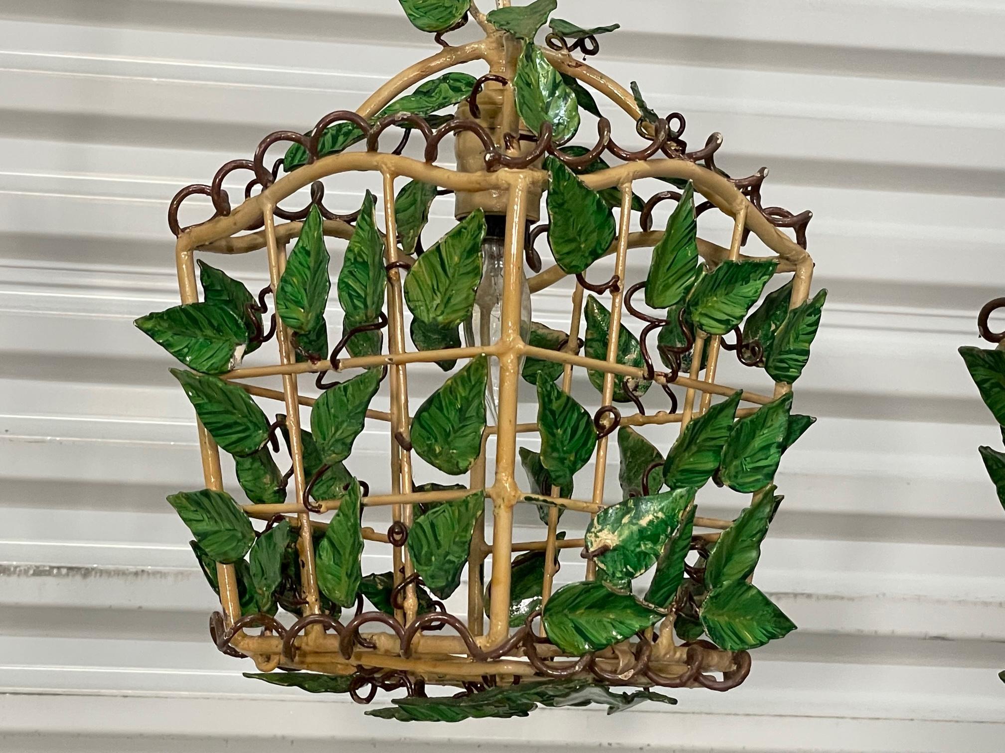 Mid-Century Modern Tole Vine and Leaf Lantern Hanging Pendant Lamps For Sale