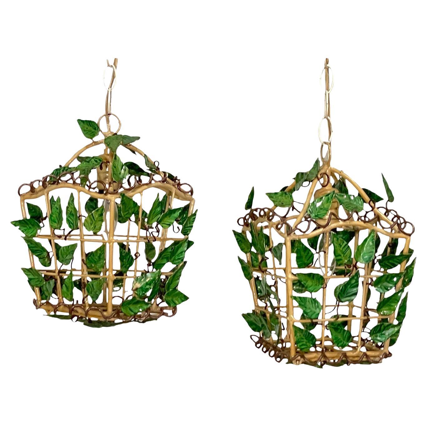 Tole Vine and Leaf Lantern Hanging Pendant Lamps For Sale