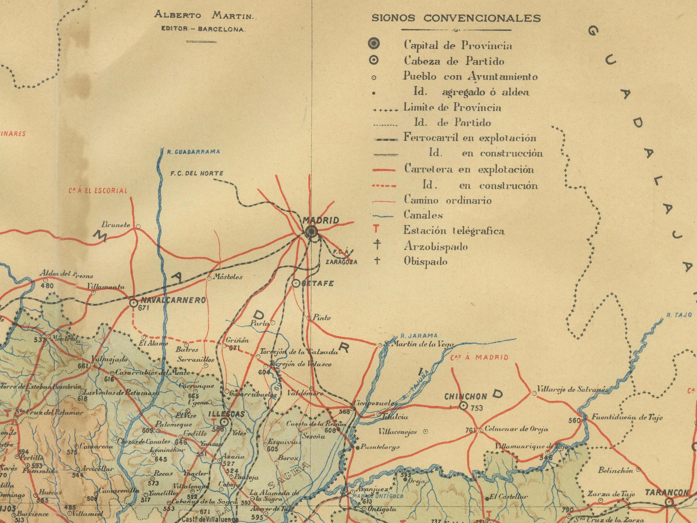 Der Druck ist eine historische Karte der Provinz Toledo aus dem Jahr 1902. Es handelt sich um eine detaillierte, farbige Karte, die topografische Merkmale wie Gebirgszüge und Flüsse sowie Infrastrukturelemente wie Straßen und Eisenbahnen hervorhebt.