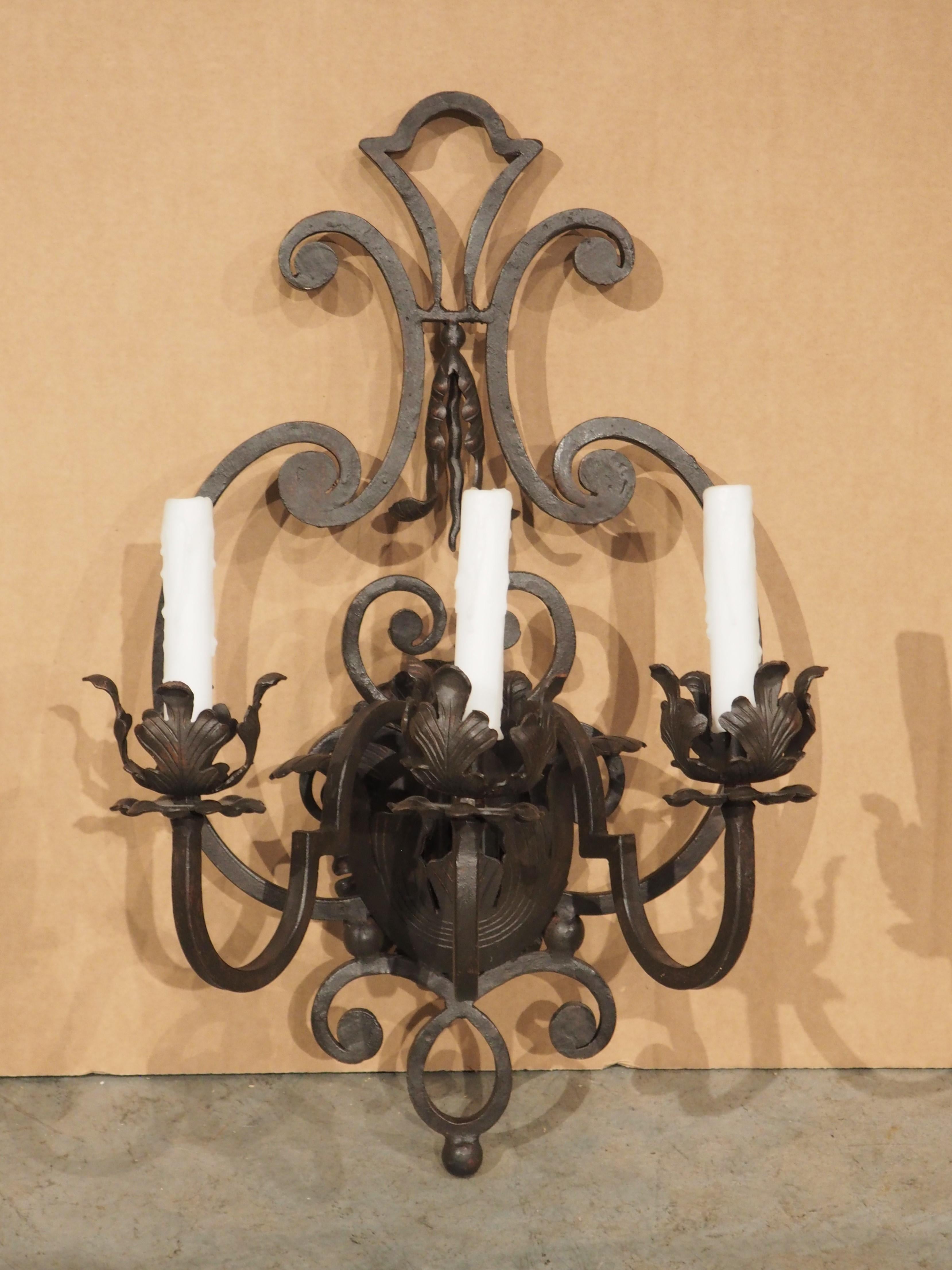 American Toledo Hand Wrought Iron 3 Light Wall Sconce For Sale
