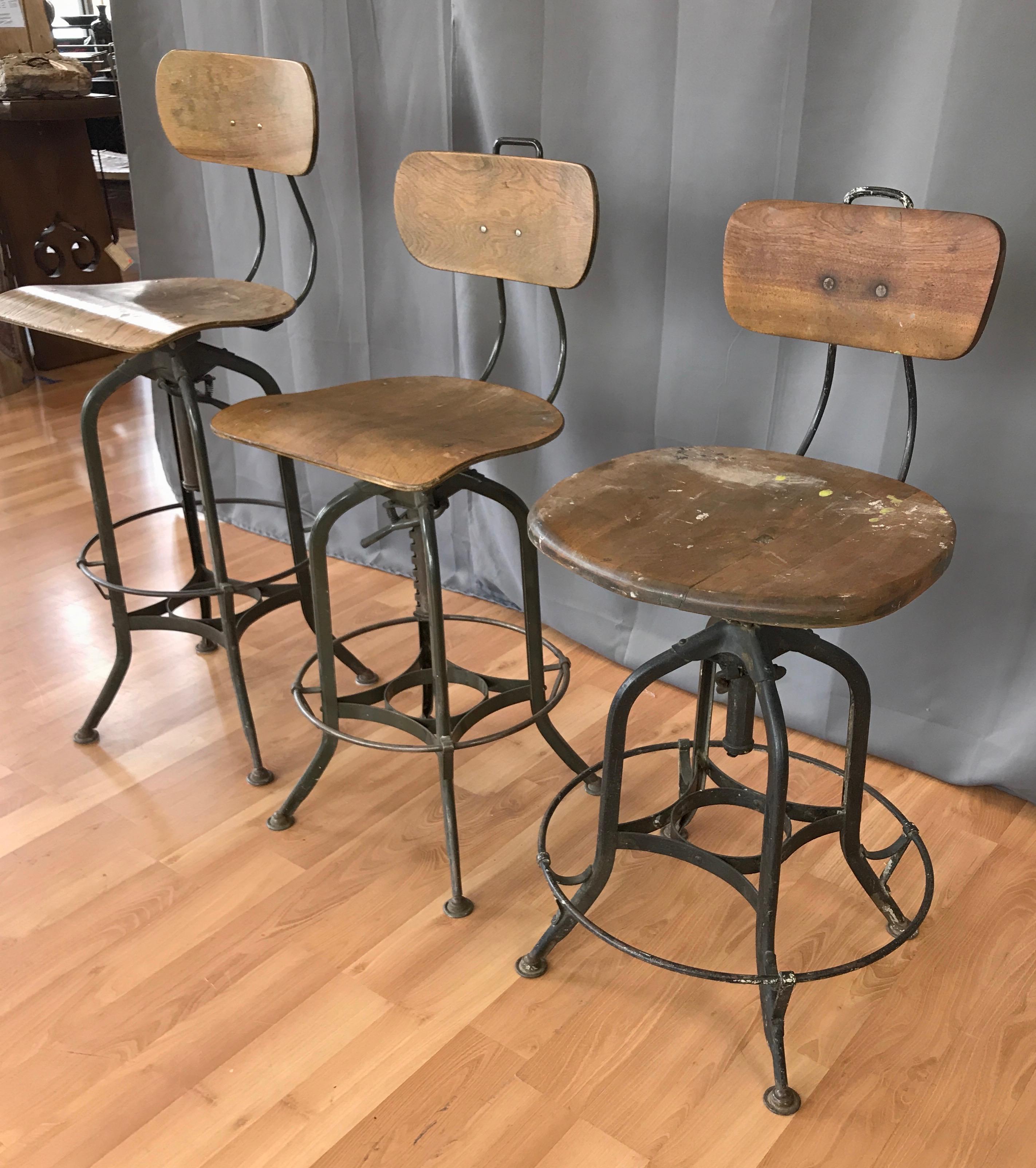 Toledo Industrial Adjustable Height Swivel Stools with Backs, Two Available In Good Condition In San Francisco, CA