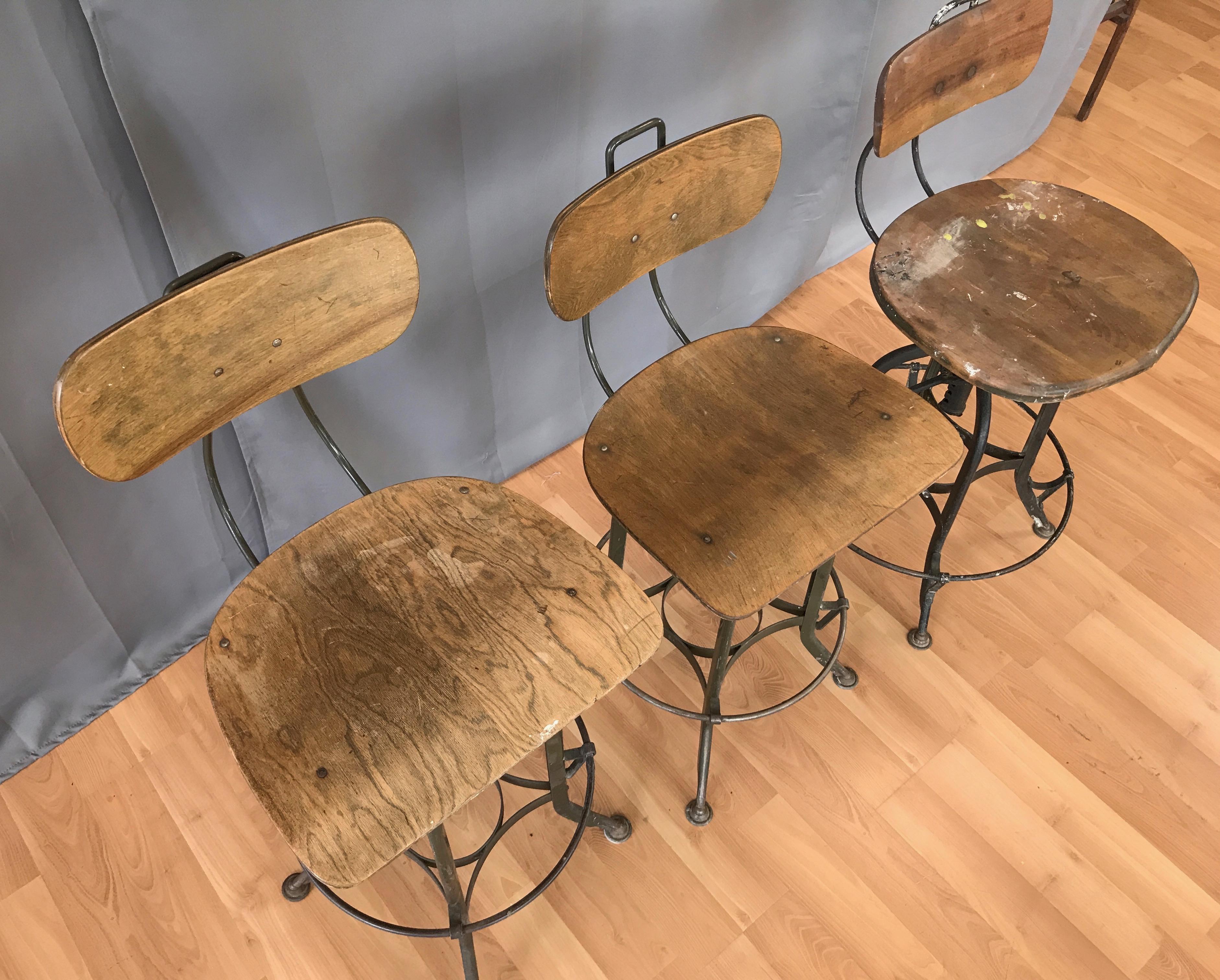 Mid-20th Century Toledo Industrial Adjustable Height Swivel Stools with Backs, Two Available