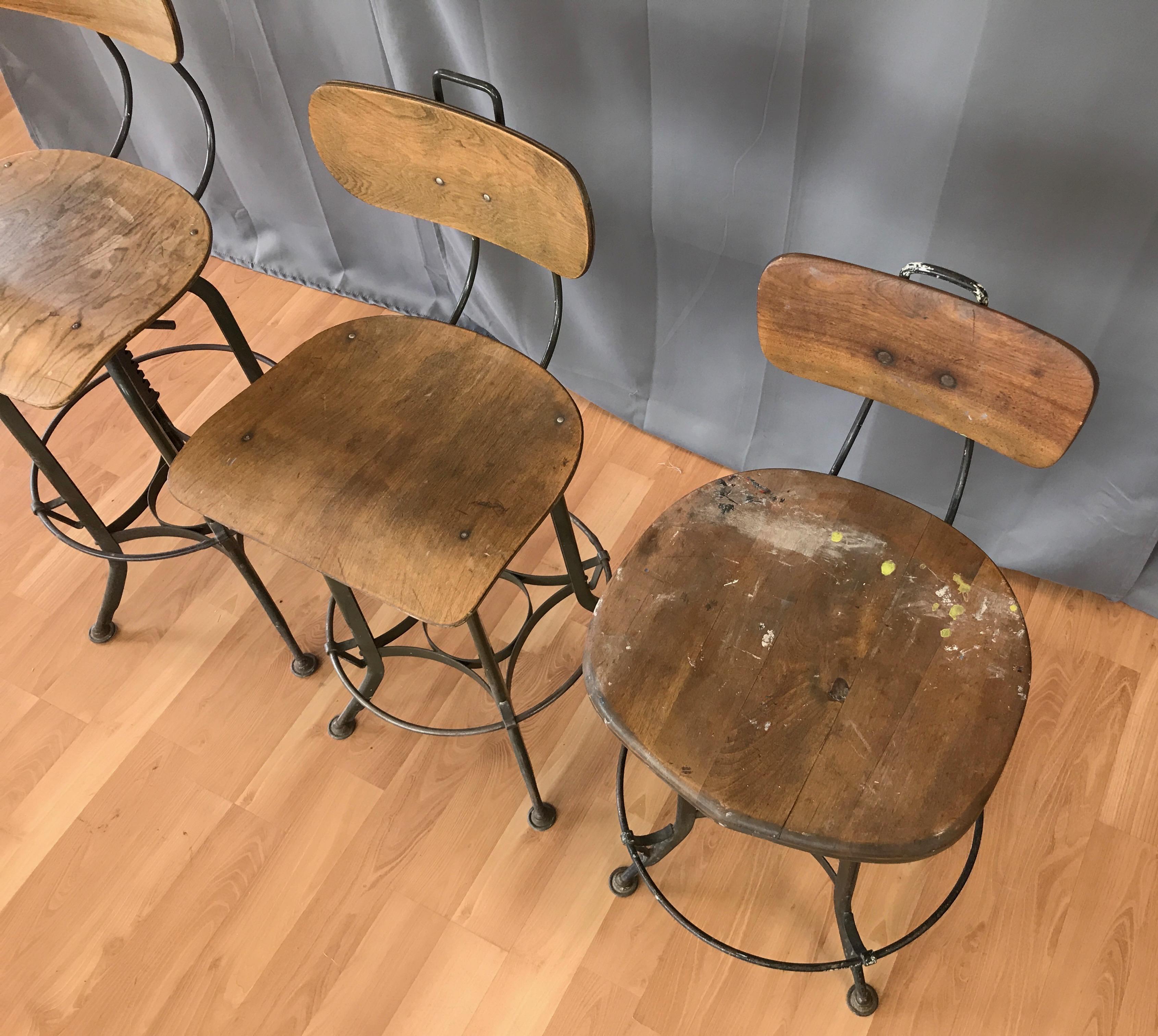 Wood Toledo Industrial Adjustable Height Swivel Stools with Backs, Two Available