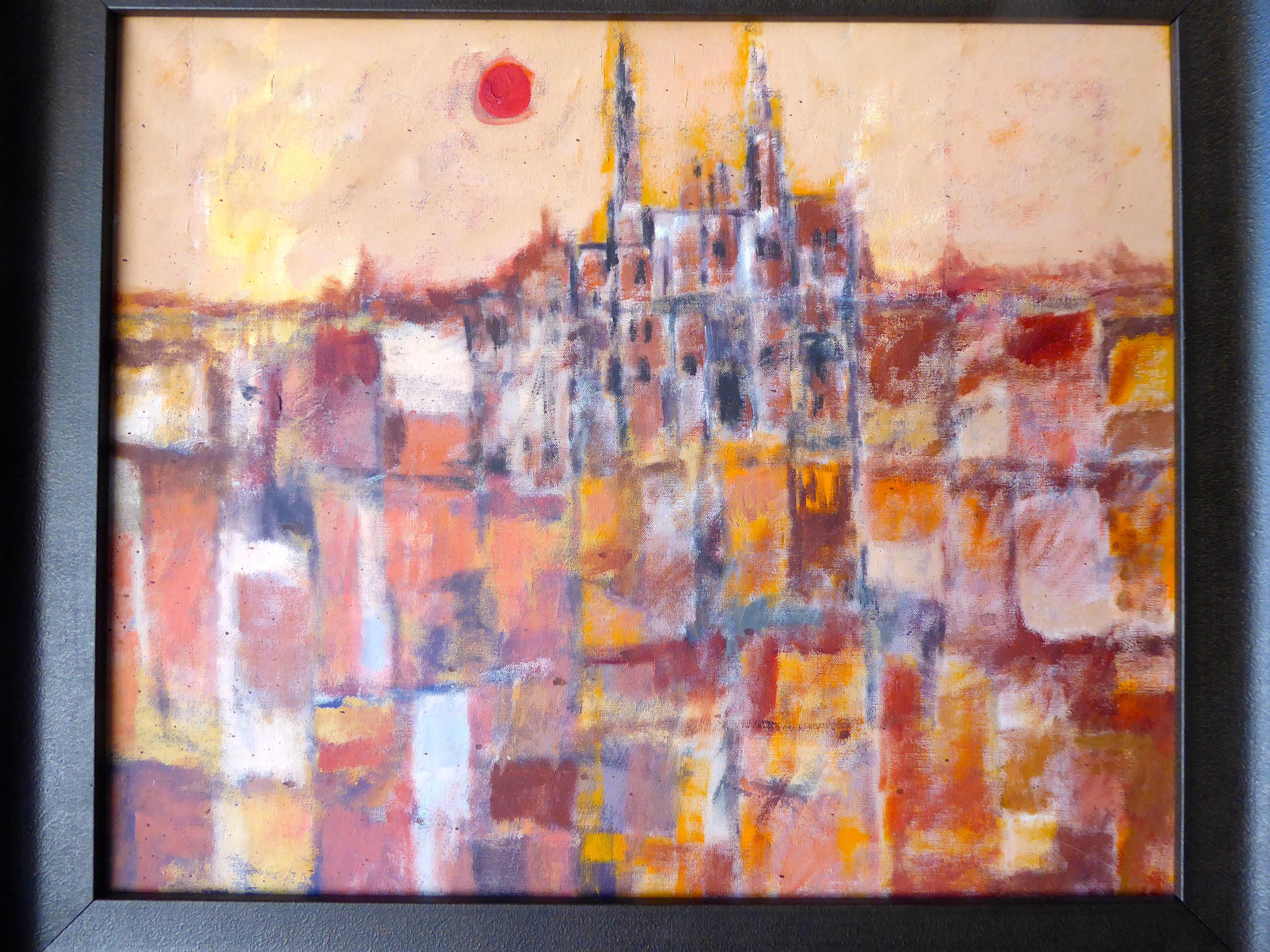 A decorative oil on canvas abstract view of the City of Toledo, Spain, circa 1960s. Unsigned and newly reframed.