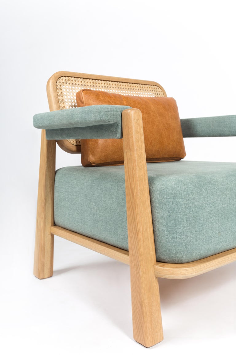 Modern Toledo Low Armchair, Wicker Back and Solid Oak, Contemporary Mexican Design For Sale