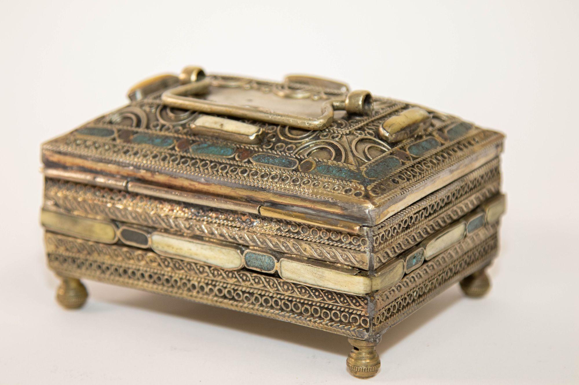 Hand-Crafted Toledo Spain Silvered Brass and Enamel Jewelry Box Islamic Moorish Style 1940s