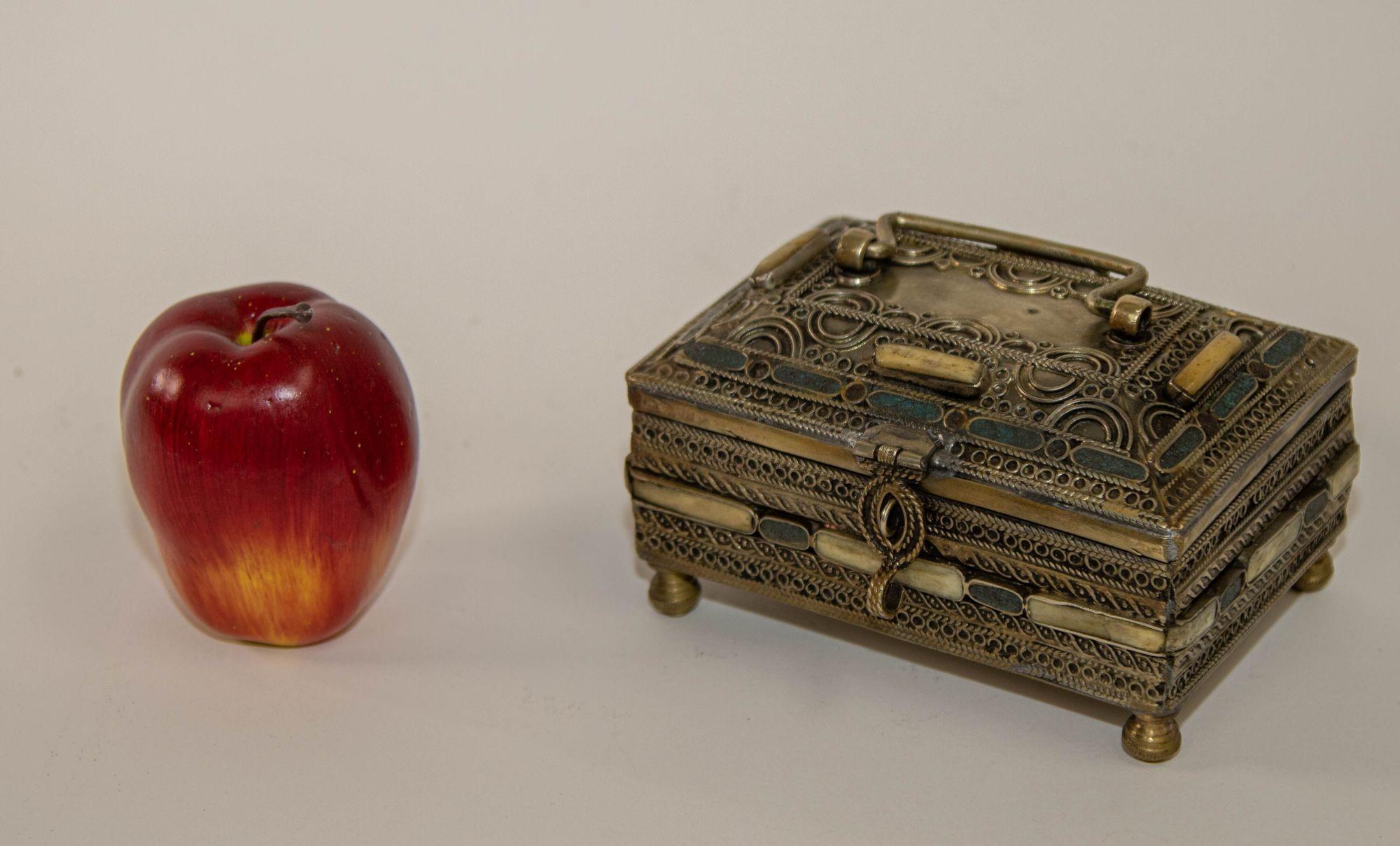 Toledo Spain Silvered Brass and Enamel Jewelry Box Islamic Moorish Style 1940s 1