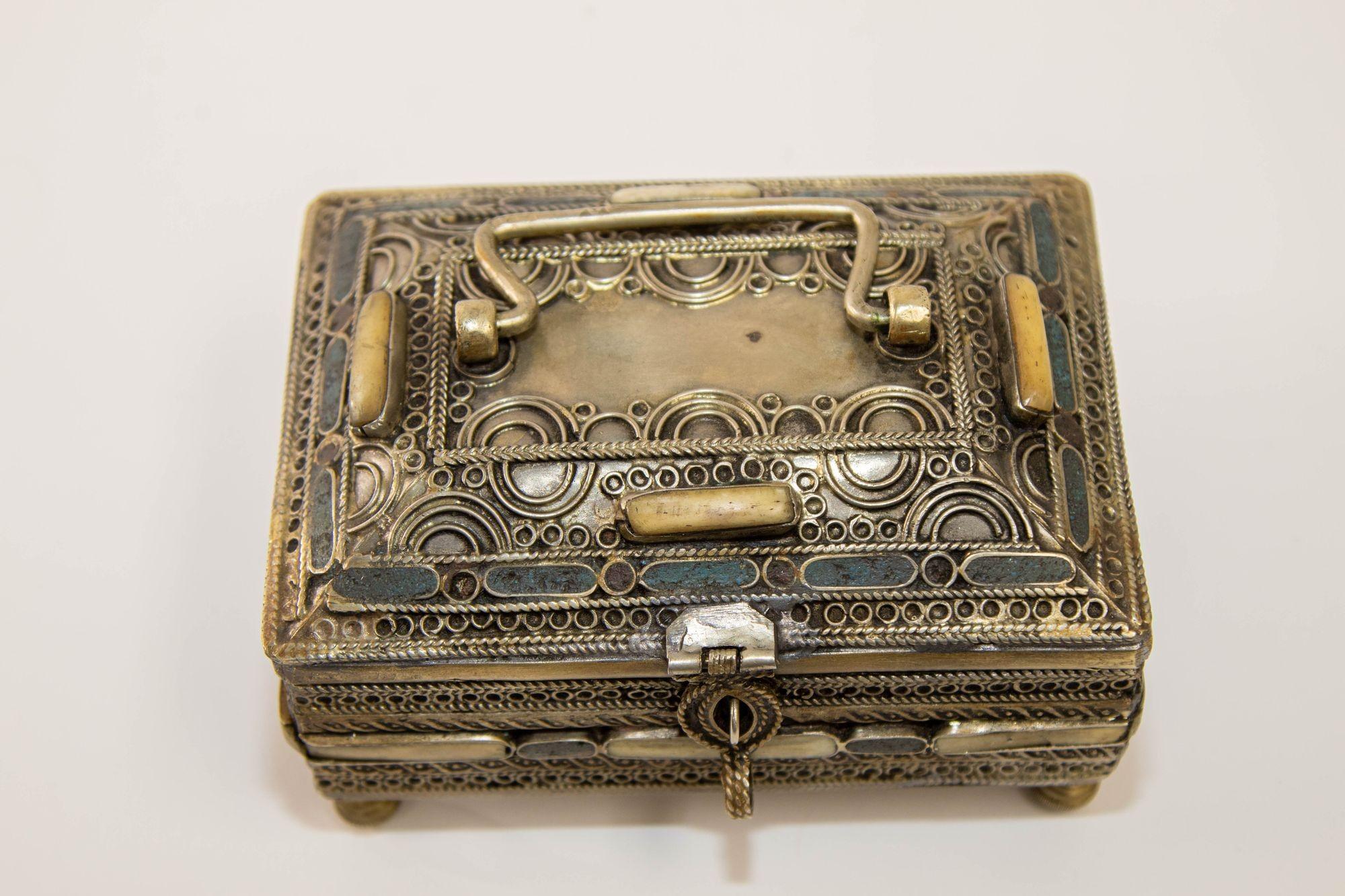 Toledo Spain Silvered Brass and Enamel Jewelry Box Islamic Moorish Style 1940s 2