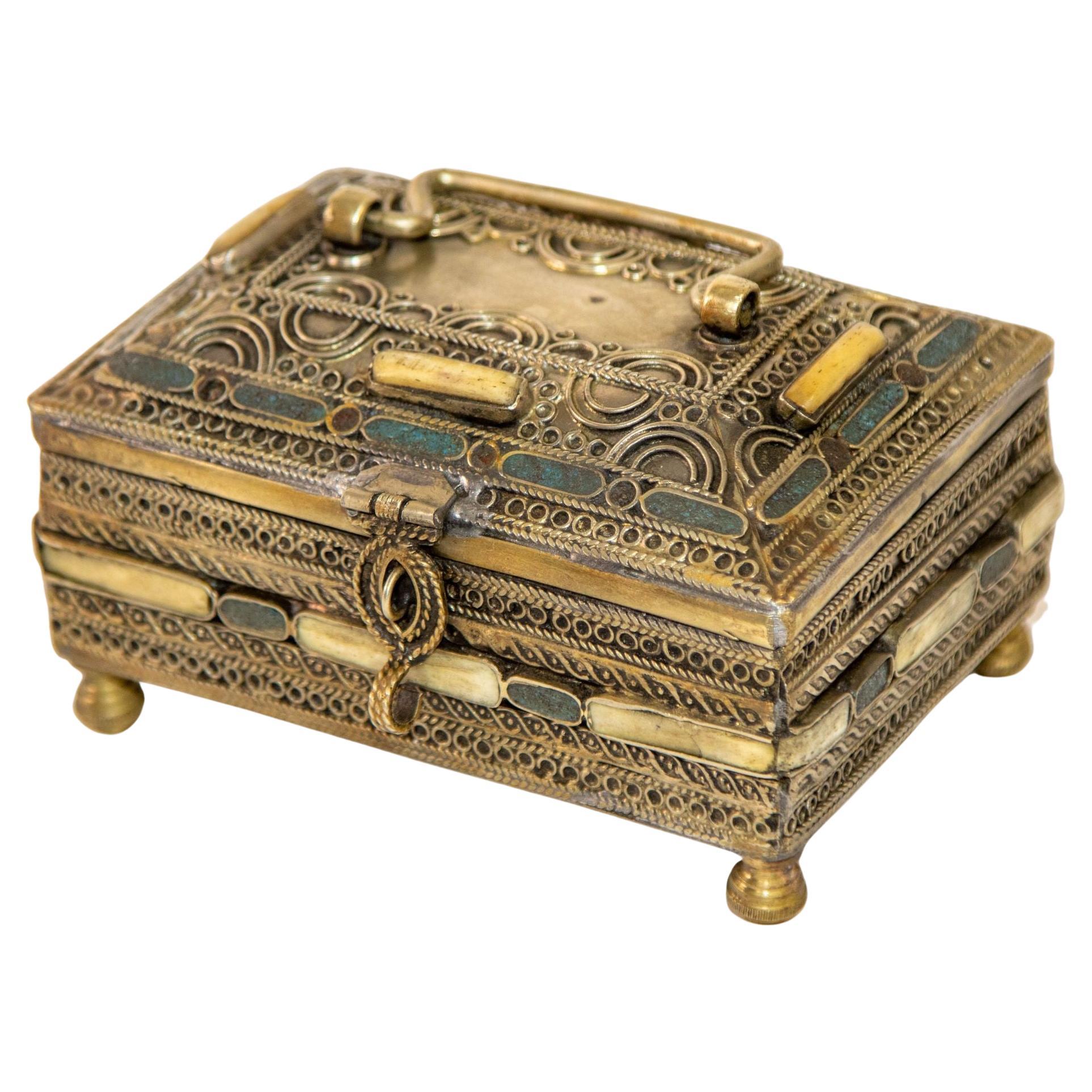 Toledo Spain Silvered Brass and Enamel Jewelry Box Islamic Moorish Style 1940s