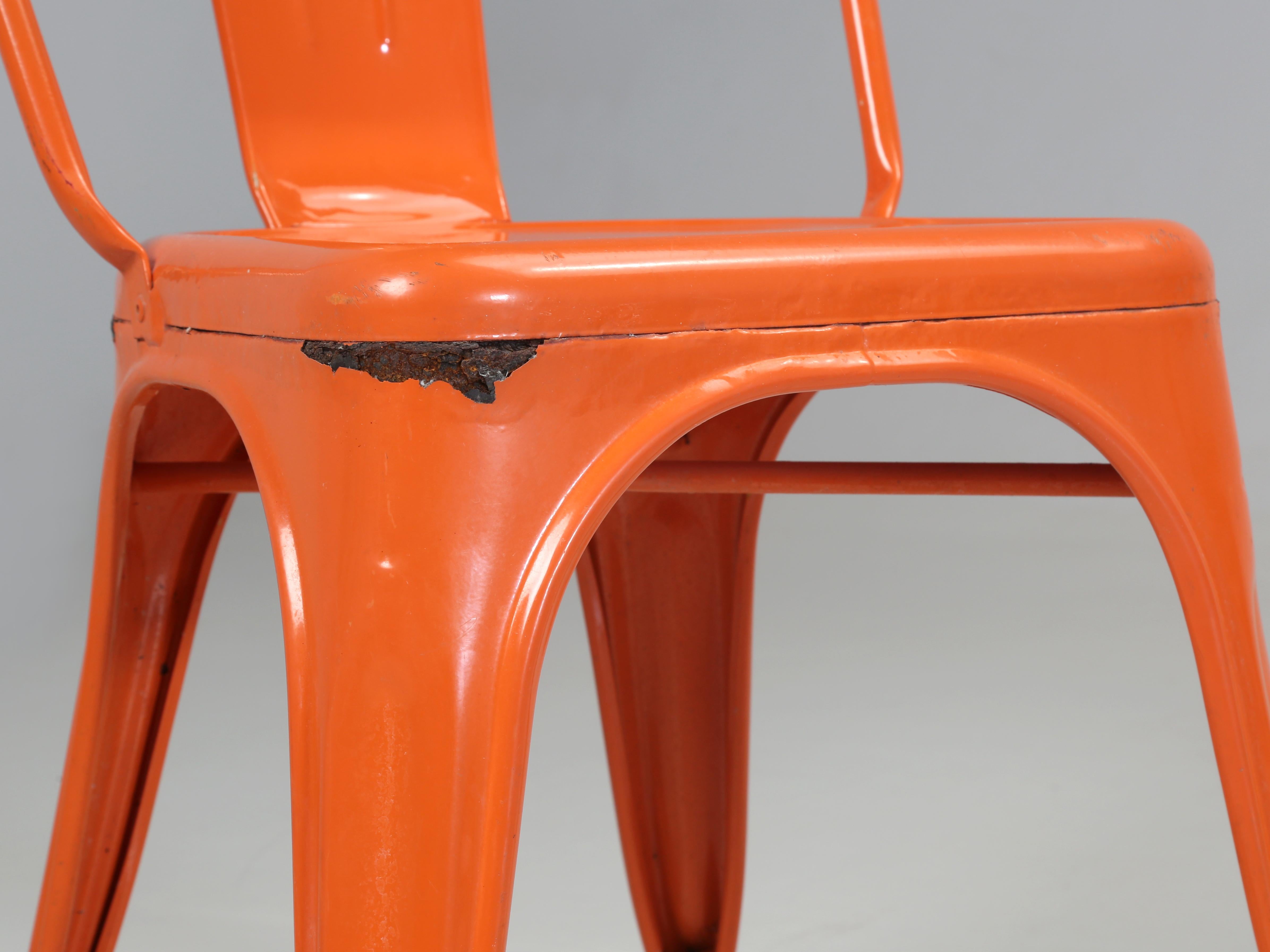 Tolix Vintage Orange Steel Stacking Chairs Hand-Made France Over (1300) in Stock In Good Condition For Sale In Chicago, IL