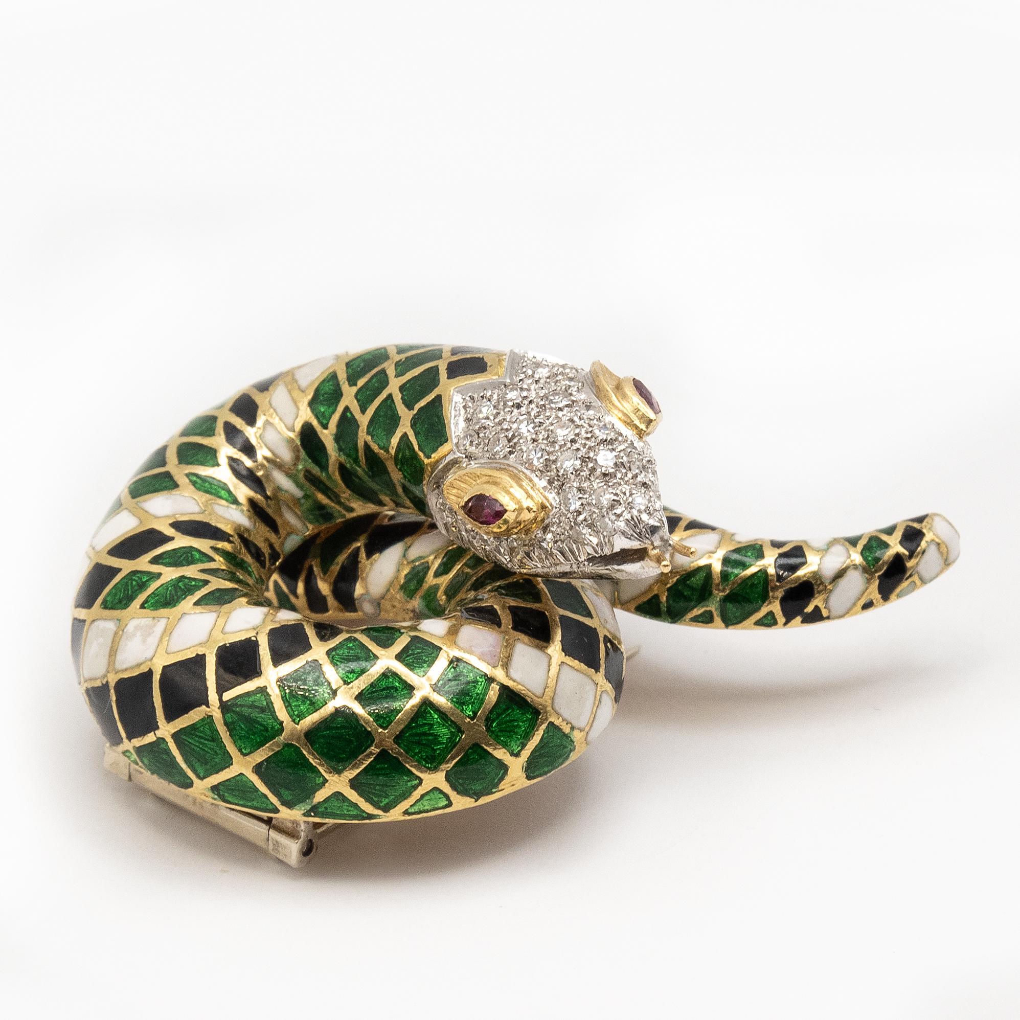 TOLIRO 18K Yellow Gold Diamond Ruby Enamel Snake Brooch For Sale 4