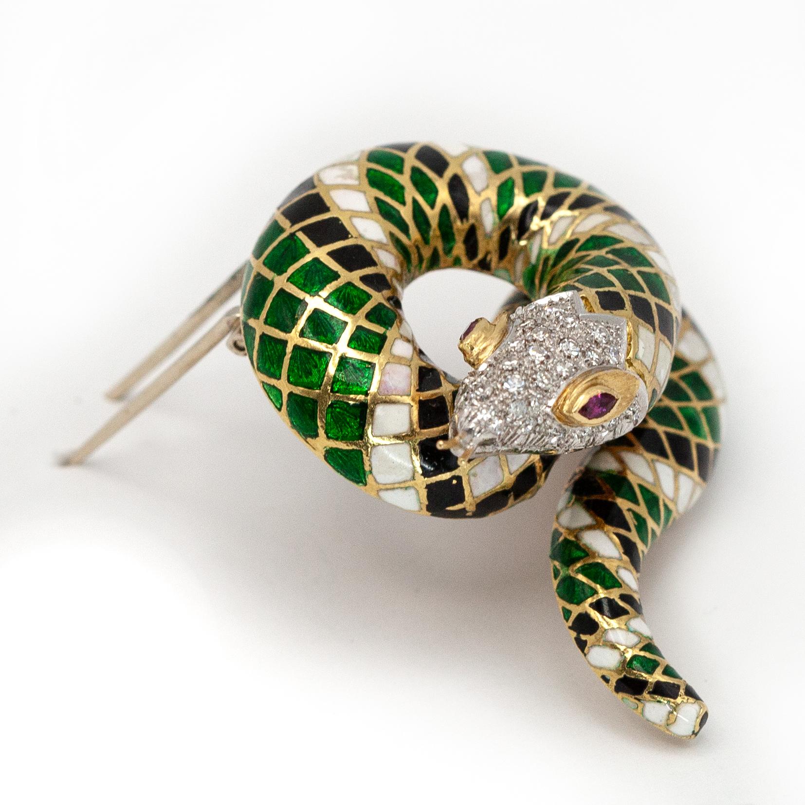 Modern TOLIRO 18K Yellow Gold Diamond Ruby Enamel Snake Brooch For Sale