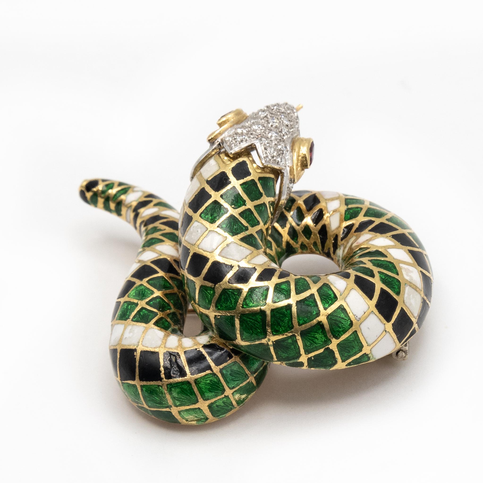 Round Cut TOLIRO 18K Yellow Gold Diamond Ruby Enamel Snake Brooch For Sale