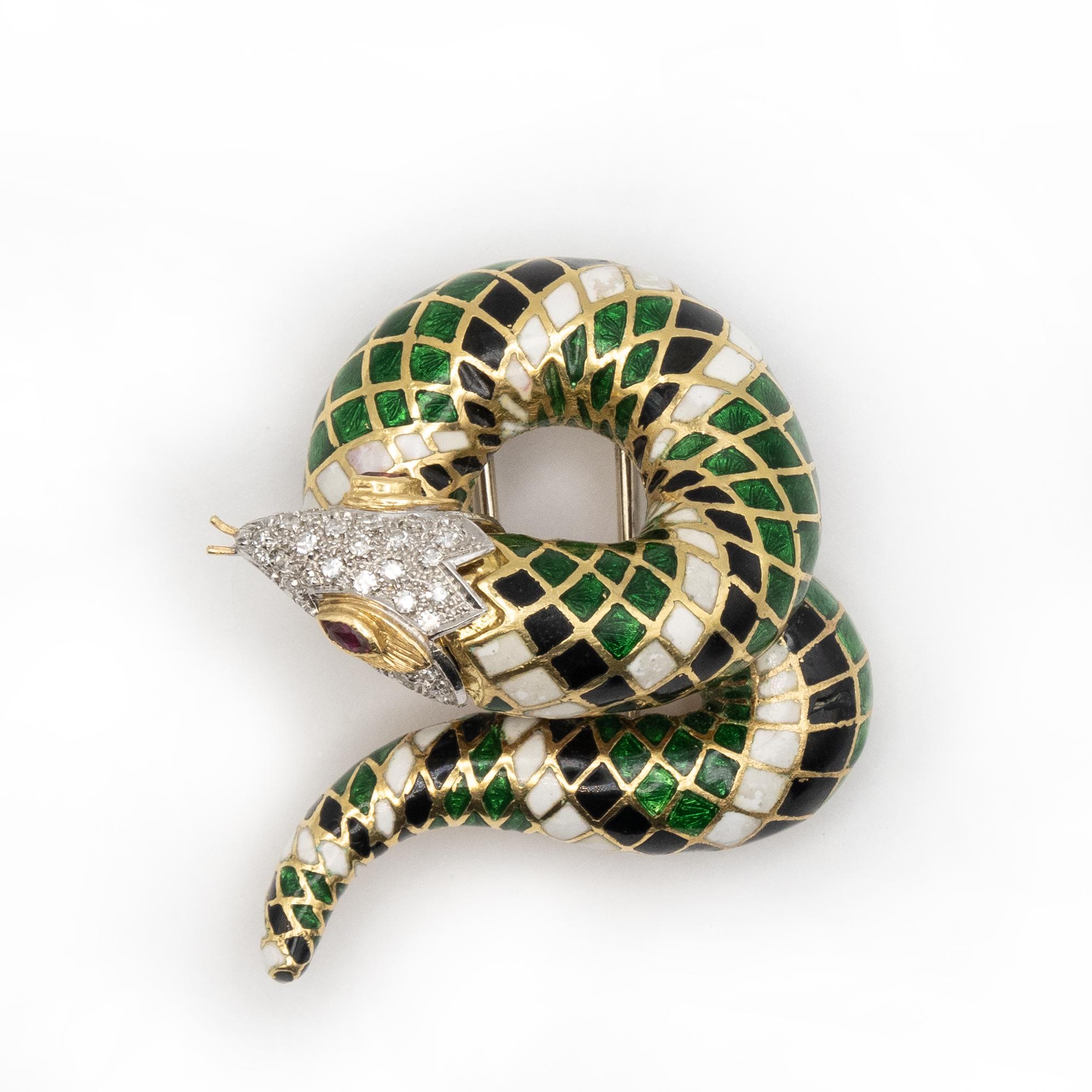 Women's TOLIRO 18K Yellow Gold Diamond Ruby Enamel Snake Brooch For Sale