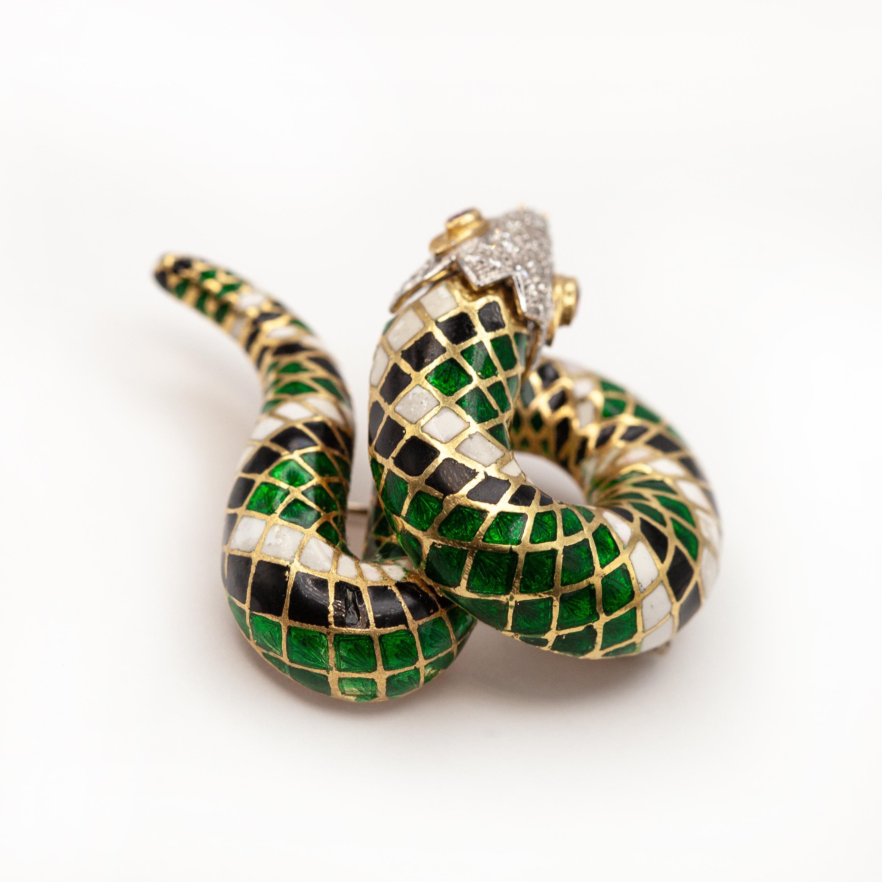 TOLIRO 18K Yellow Gold Diamond Ruby Enamel Snake Brooch For Sale 2